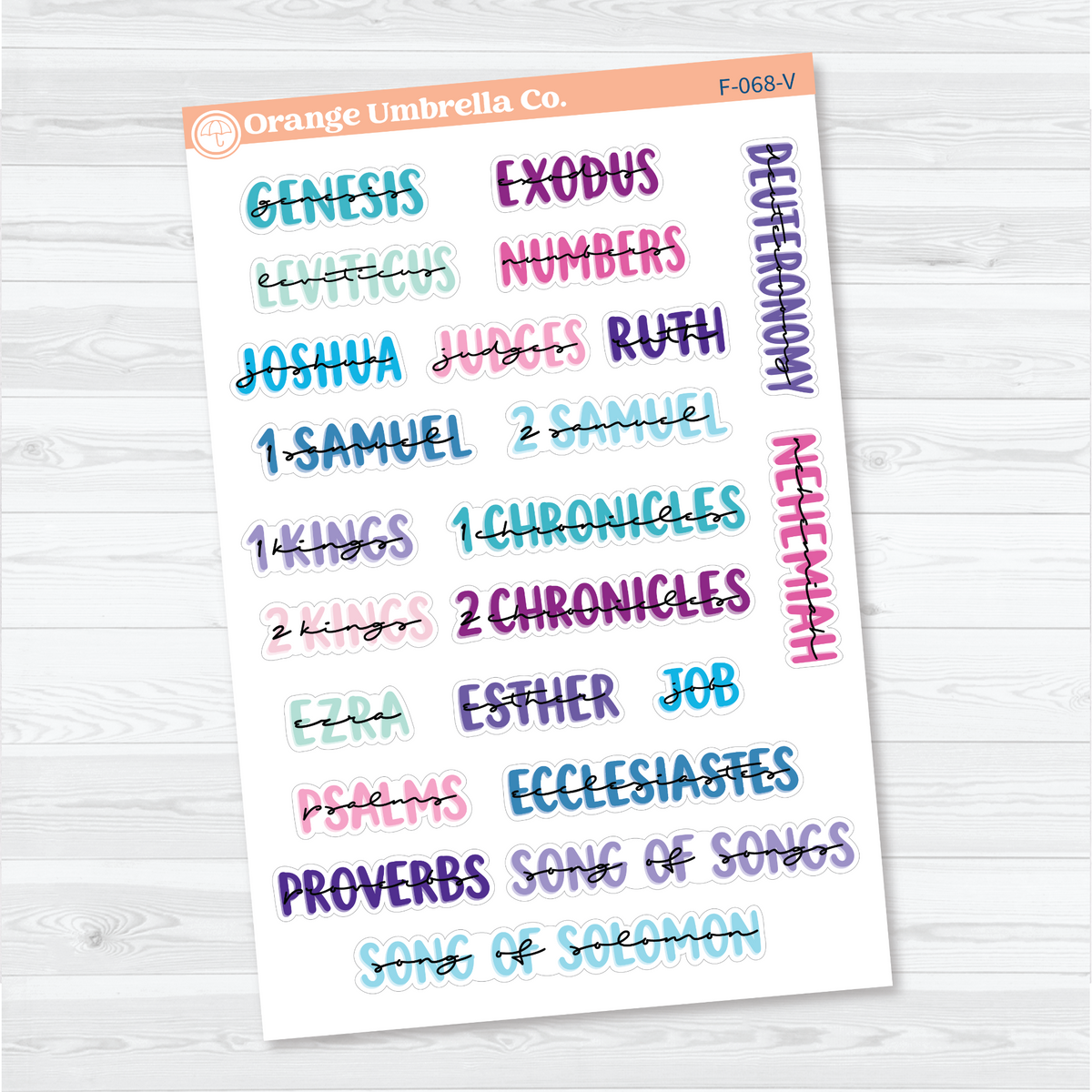 Large Old Testament Books of the Bible Sheet 1 stickers in Vibrant with layered uppercase and script lettering for faith journals.