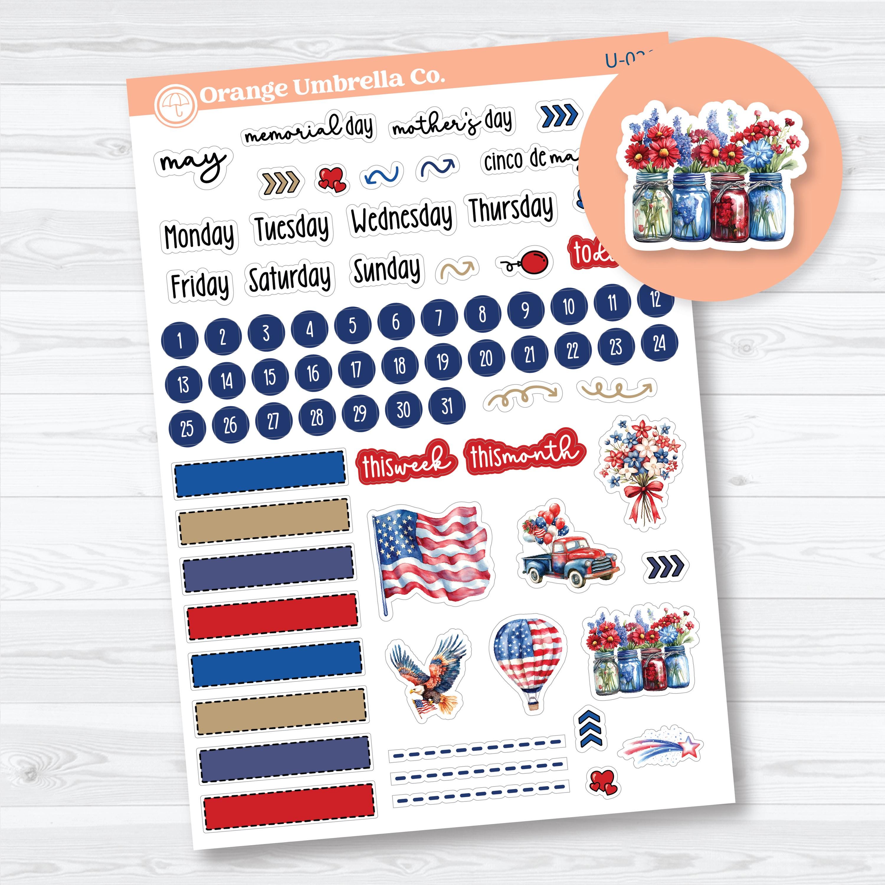may universal planner sticker kit monthly layout stickers date dots labels decorative patriotic spring