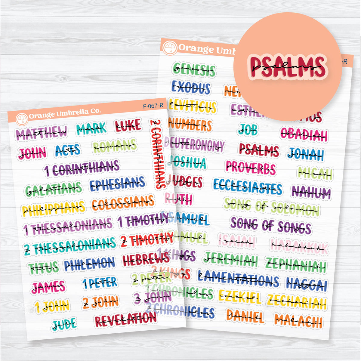 Clear matte layered Medium Books of the Bible planner stickers in multiple colorways with Old and New Testament sheets for Bible study.