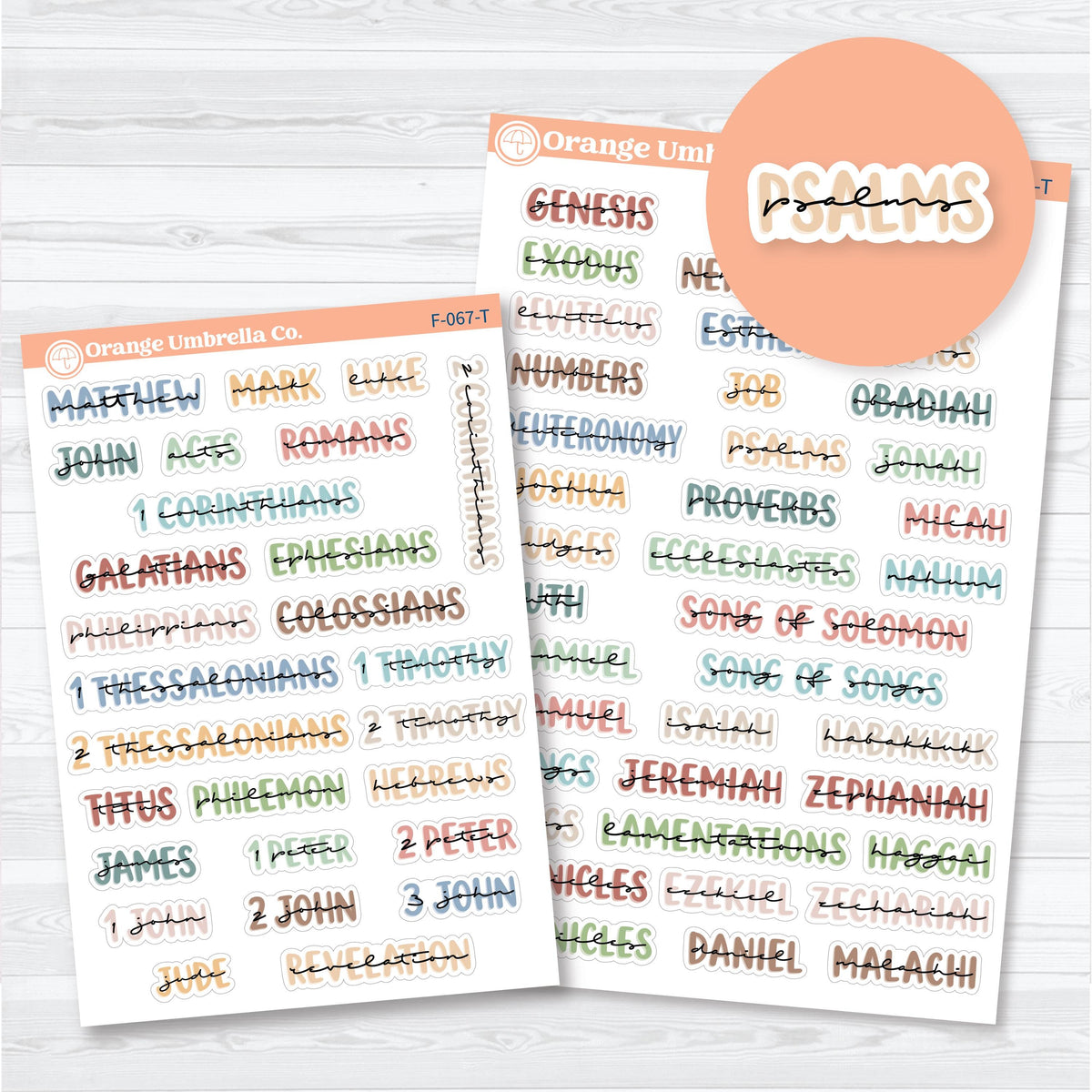 Layered Medium Books of the Bible planner stickers in multiple colorways with separate Old Testament and New Testament sheets for Bible study.