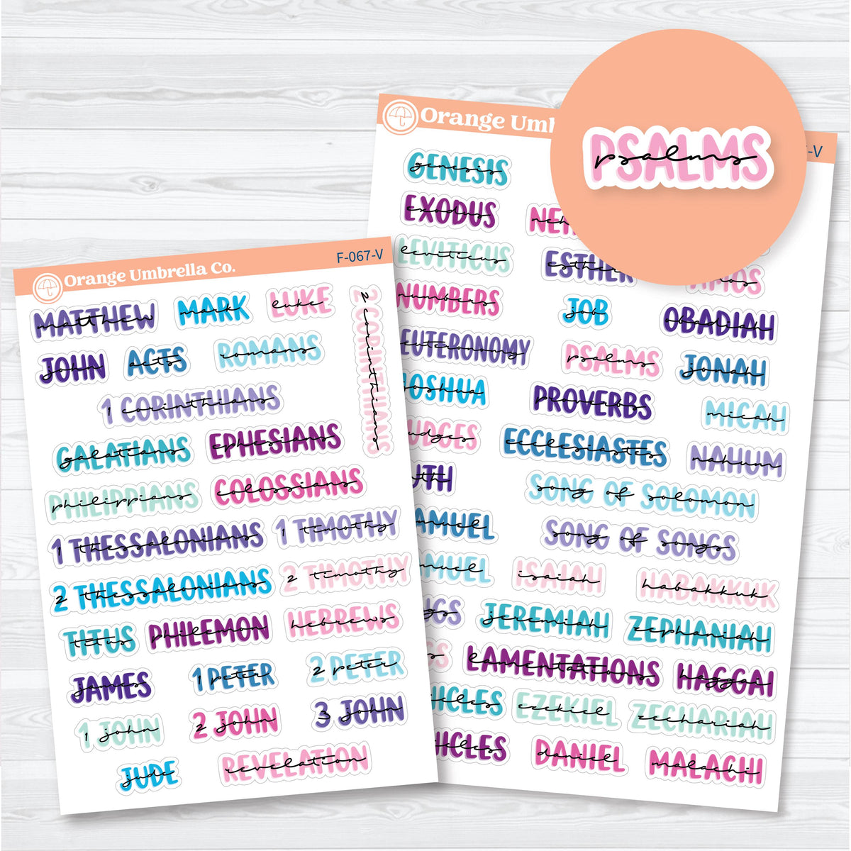 Layered Medium Books of the Bible planner stickers in multiple colorways with separate Old Testament and New Testament sheets for Bible study.
