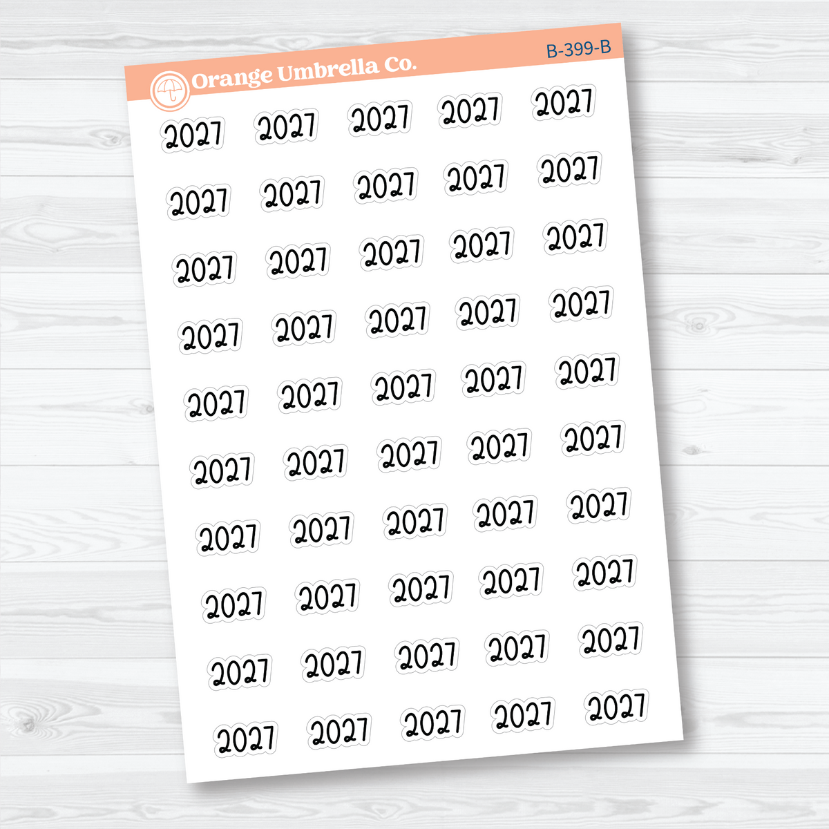 Sheet of 50 mini black 2027 year label stickers on white matte paper for planners and journals.