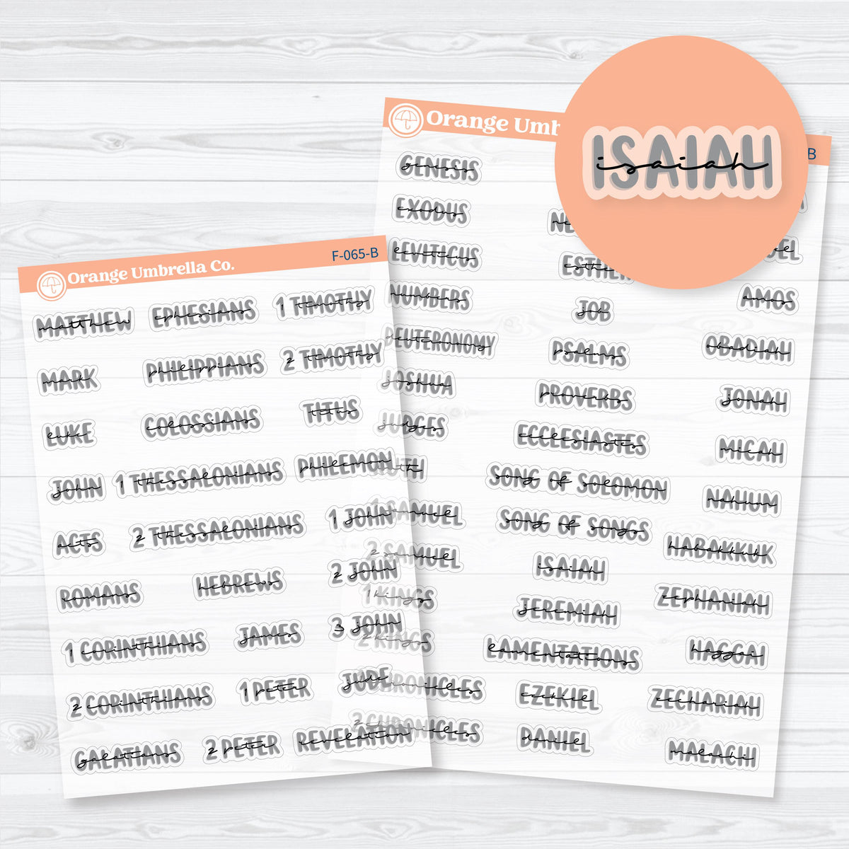 Clear matte layered Mini Books of the Bible planner stickers in multiple colorways, with Old Testament and New Testament sheets for faith journaling.