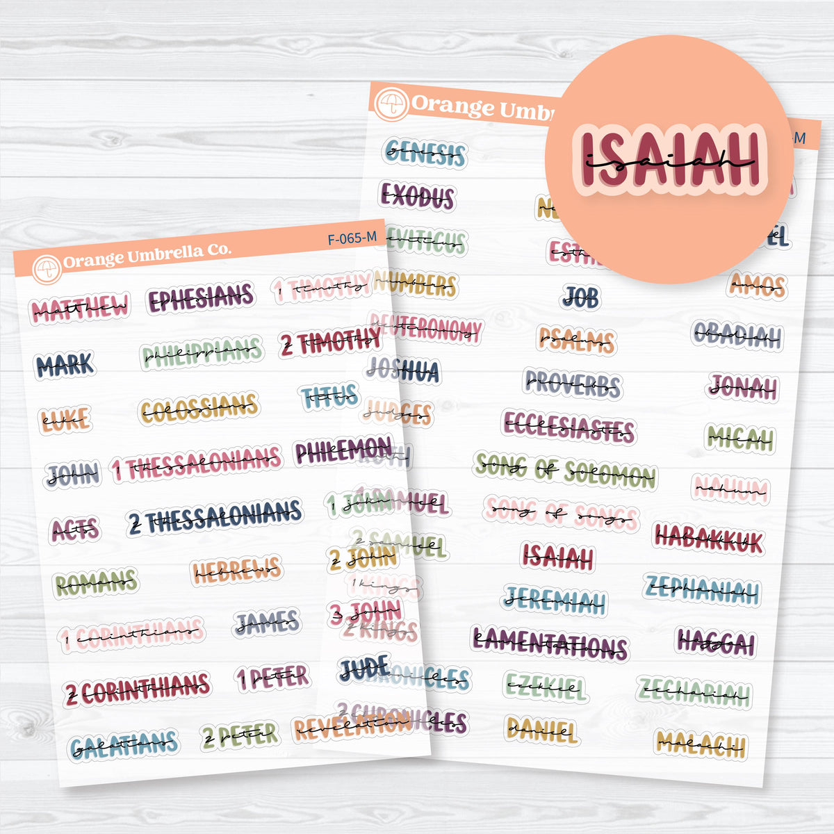 Clear matte layered Mini Books of the Bible planner stickers in multiple colorways, with Old Testament and New Testament sheets for faith journaling.