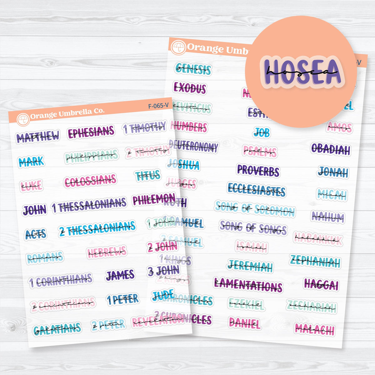 Clear matte layered Mini Books of the Bible planner stickers in multiple colorways, with Old Testament and New Testament sheets for faith journaling.
