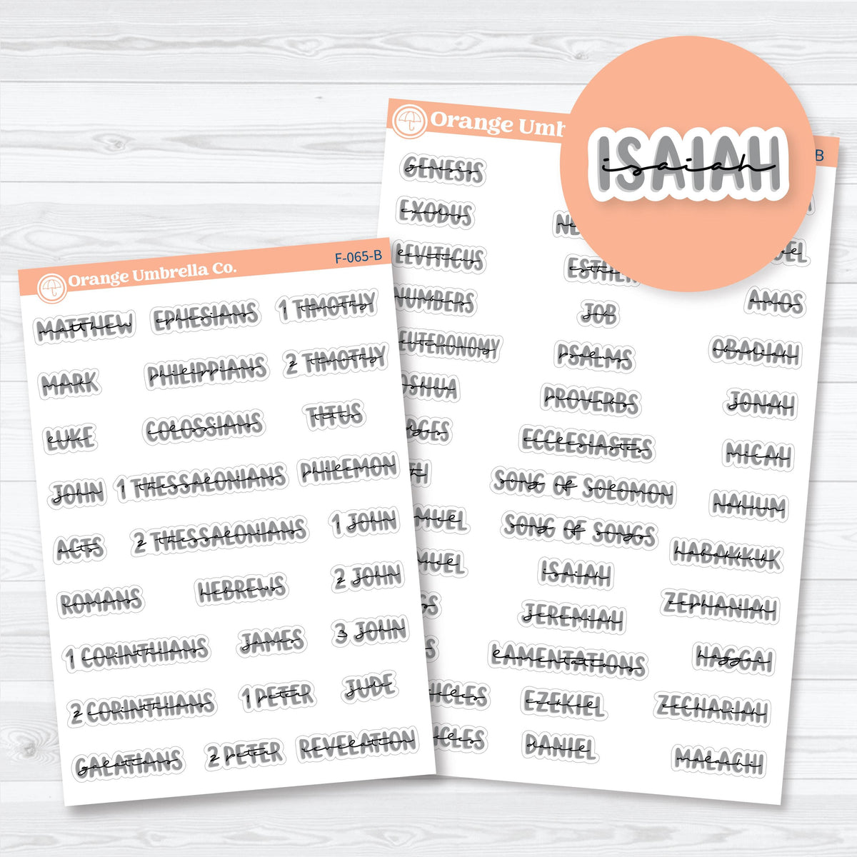 Layered Mini Books of the Bible planner stickers in multiple colorways, with separate Old Testament and New Testament sheets for faith journaling and Bible study.