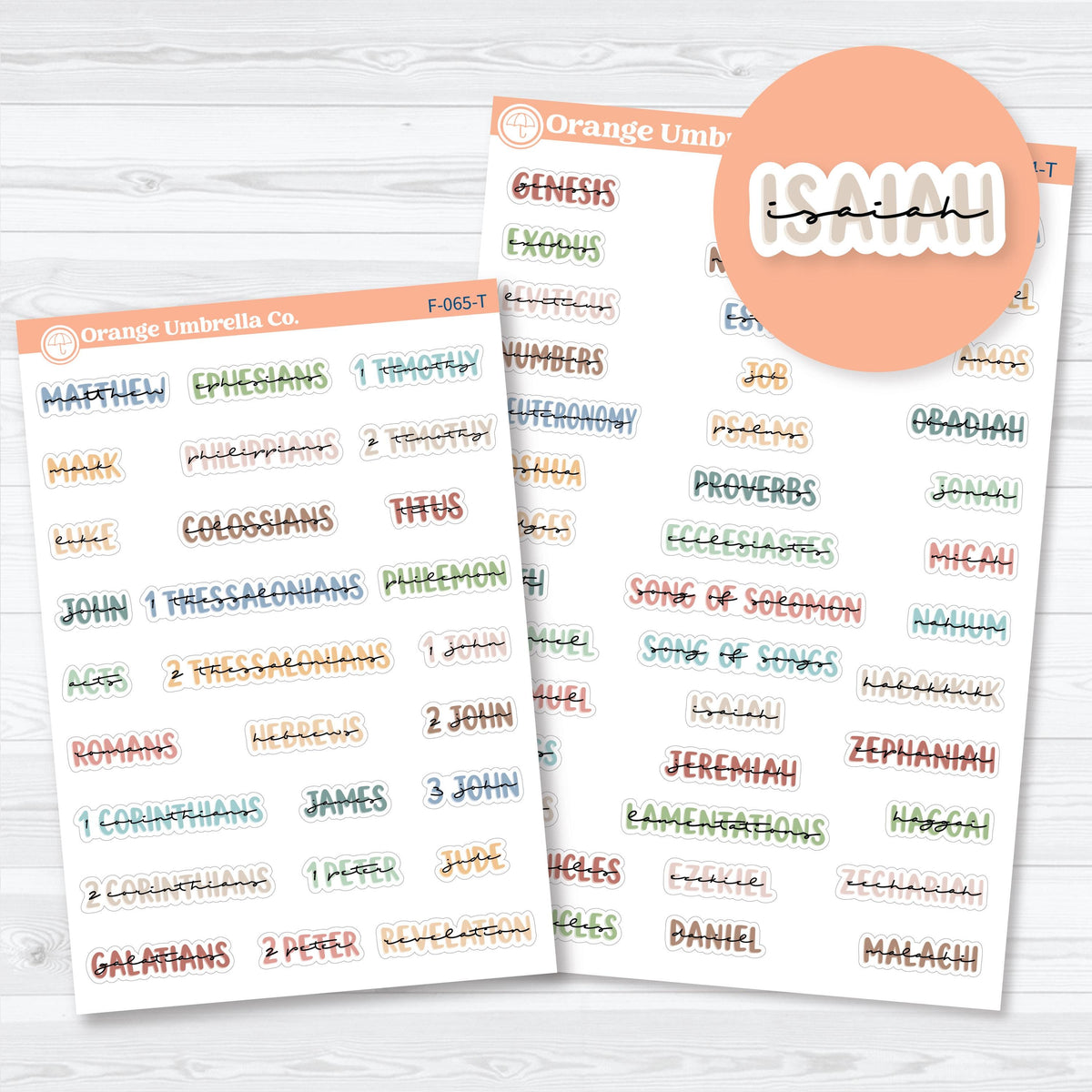Layered Mini Books of the Bible planner stickers in multiple colorways, with separate Old Testament and New Testament sheets for faith journaling and Bible study.