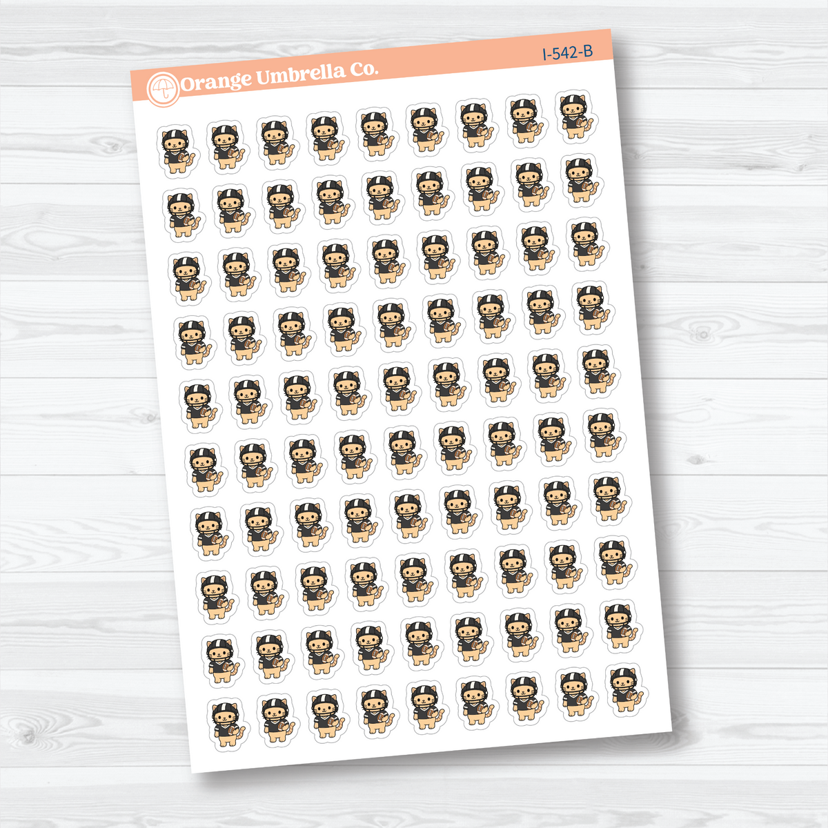 Black Outline mini football Spazz white matte stickers showing an orange cat wearing a football helmet and holding a football for marking practices and games.