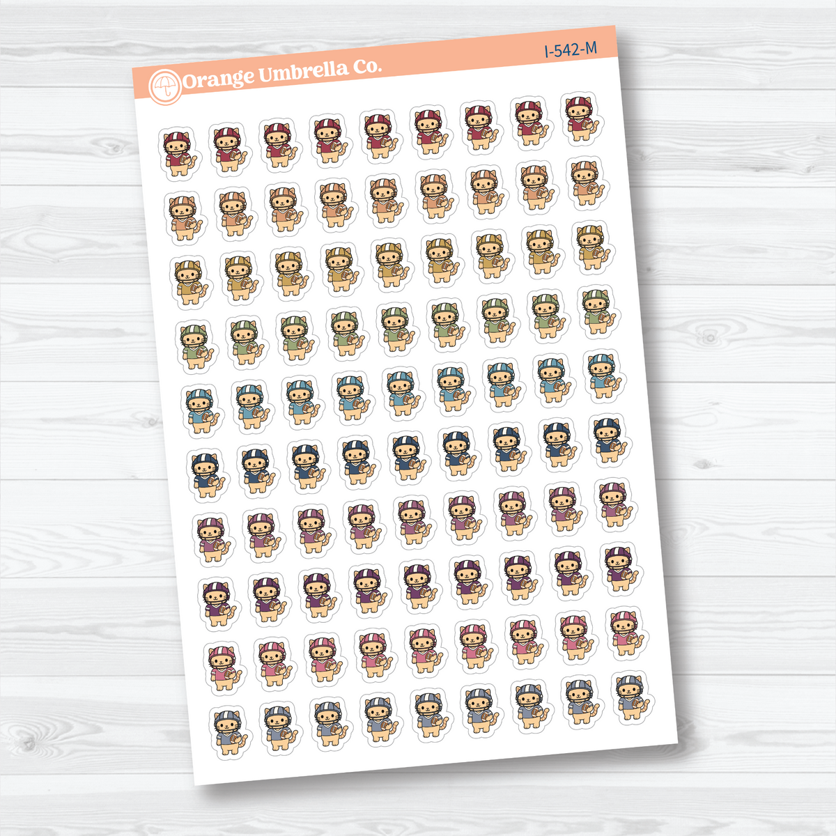 Muted Rainbow mini football Spazz white matte stickers showing an orange cat wearing a football helmet and holding a football for marking practices and games.