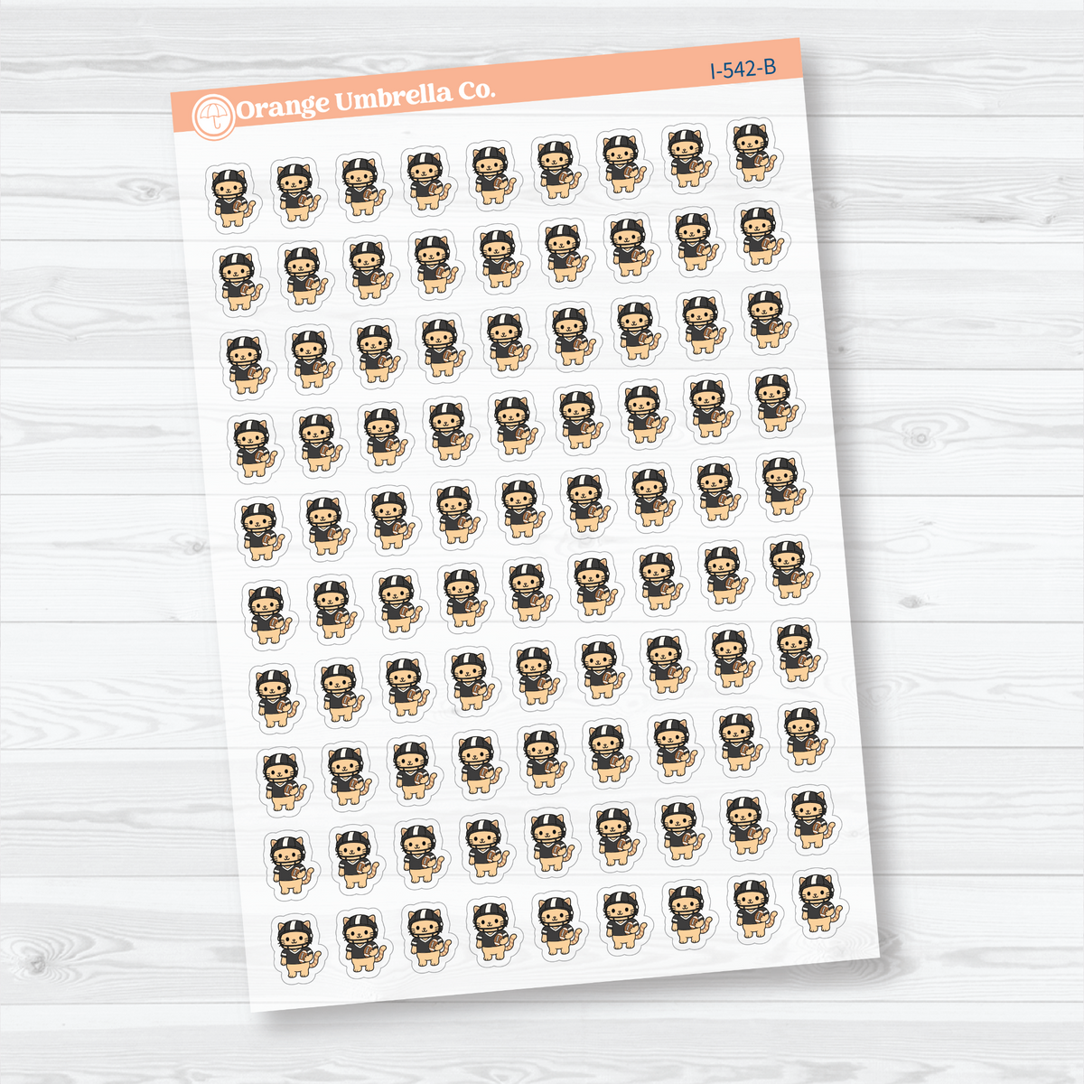 Black Outline mini football Spazz clear matte stickers showing an orange cat wearing a football helmet and holding a football for marking practices and games.