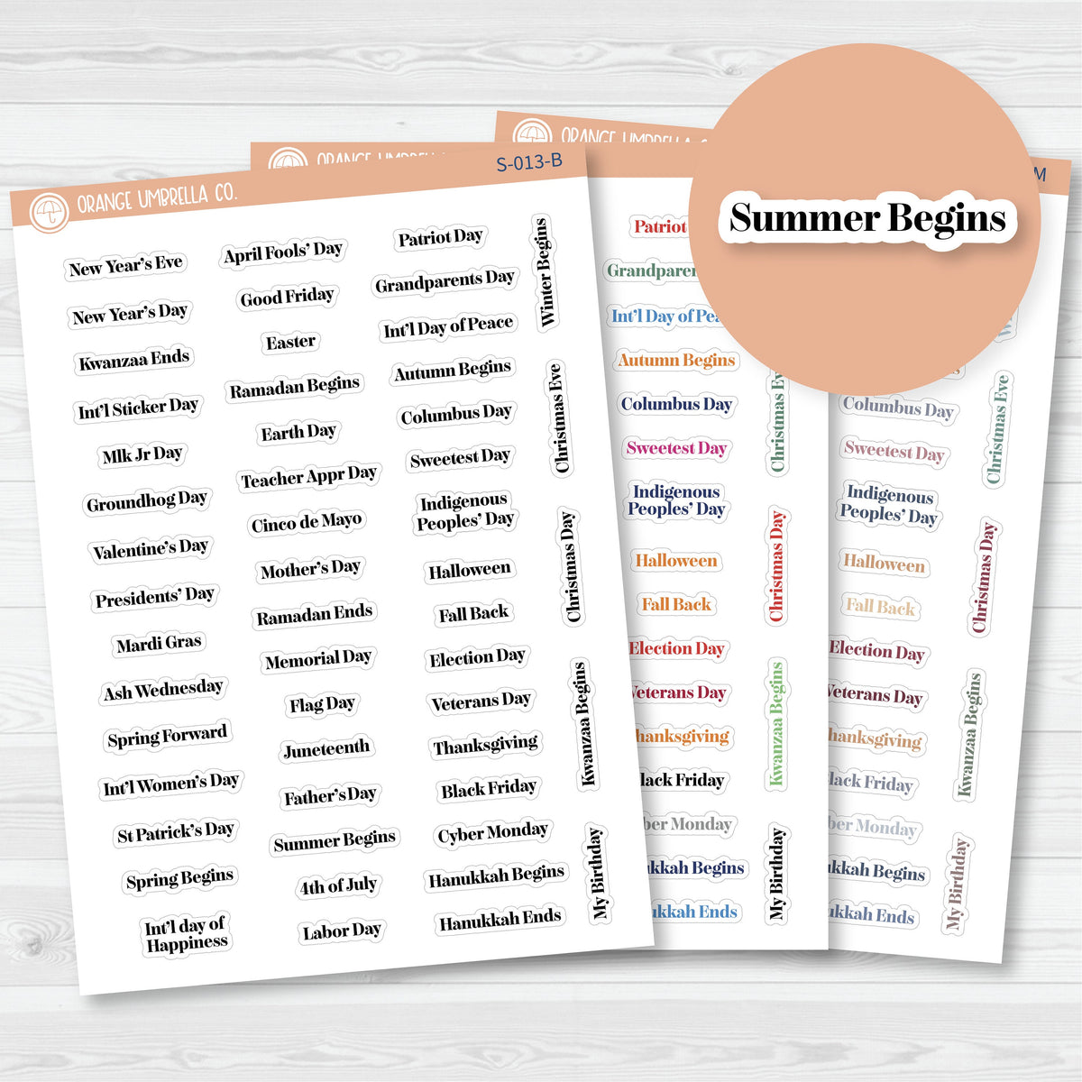 Mini holiday script planner sticker sheets featuring 52 annual holidays, observances, and seasonal dates in compact F19 lettering.