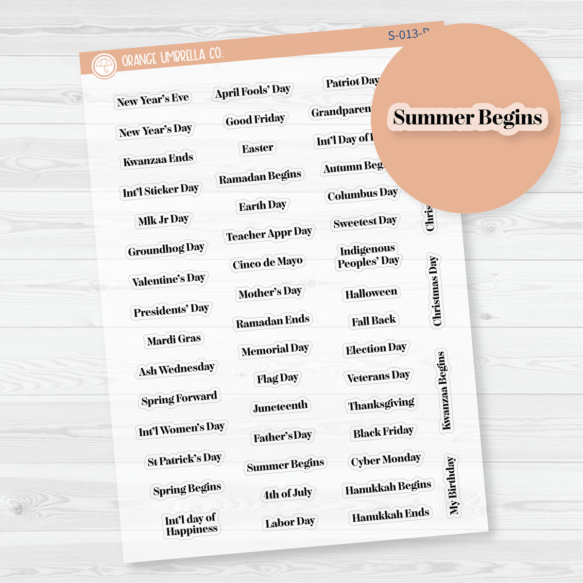 Black mini holiday script planner stickers on clear matte paper featuring 52 annual holidays, observances, and seasonal dates.