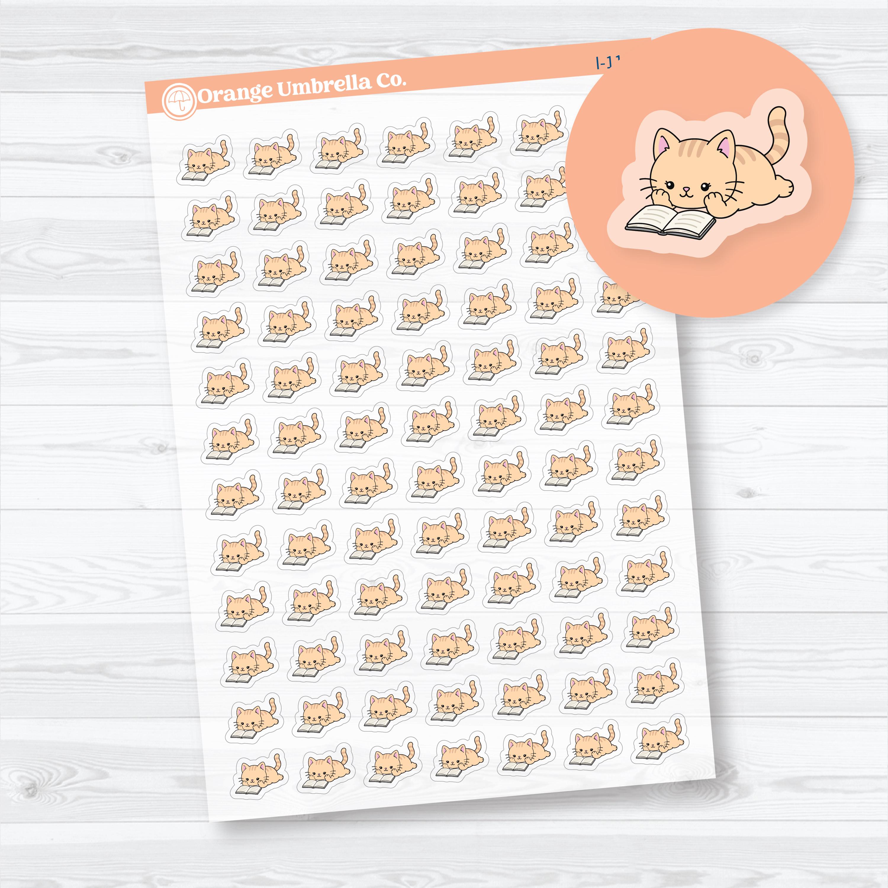 Mini Relaxing Reading Spazz clear matte reading planner stickers featuring a cute cat lying on its belly while reading a book for planners, reading journals, and book trackers.