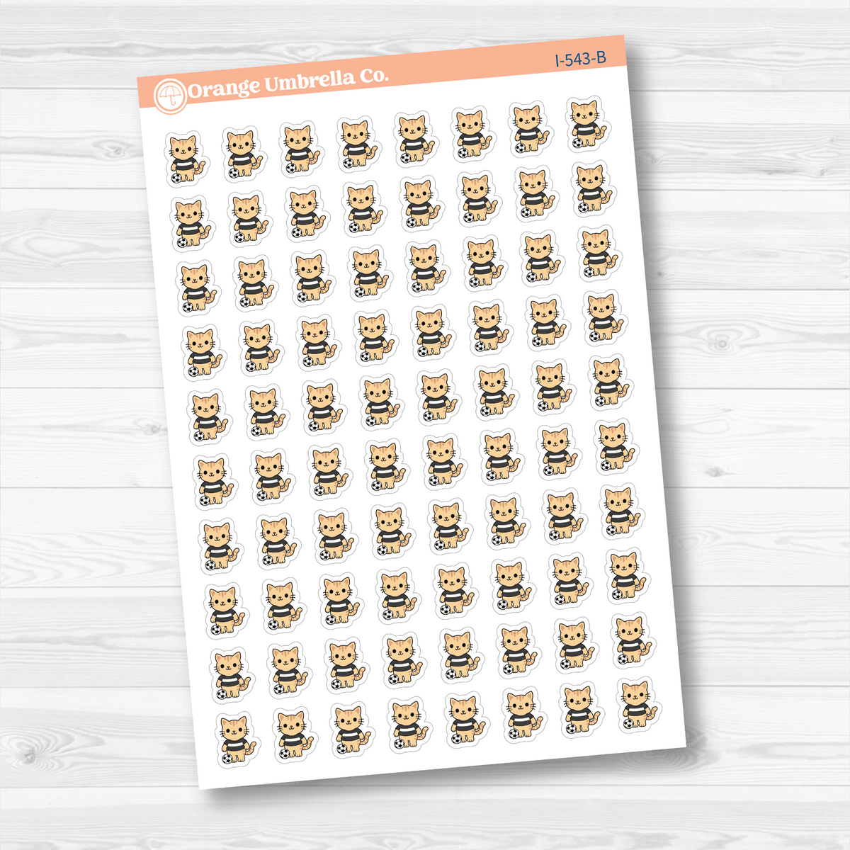 Black Outline mini soccer Spazz white matte stickers showing an orange cat beside a soccer ball for marking practices and games.