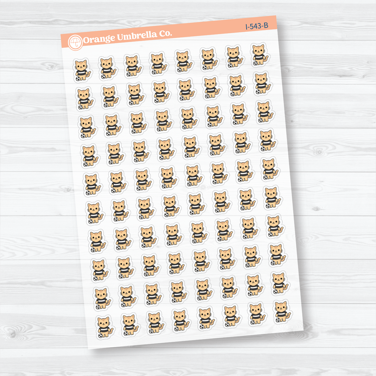 Black Outline mini soccer Spazz clear matte stickers showing an orange cat beside a soccer ball for marking practices and games.