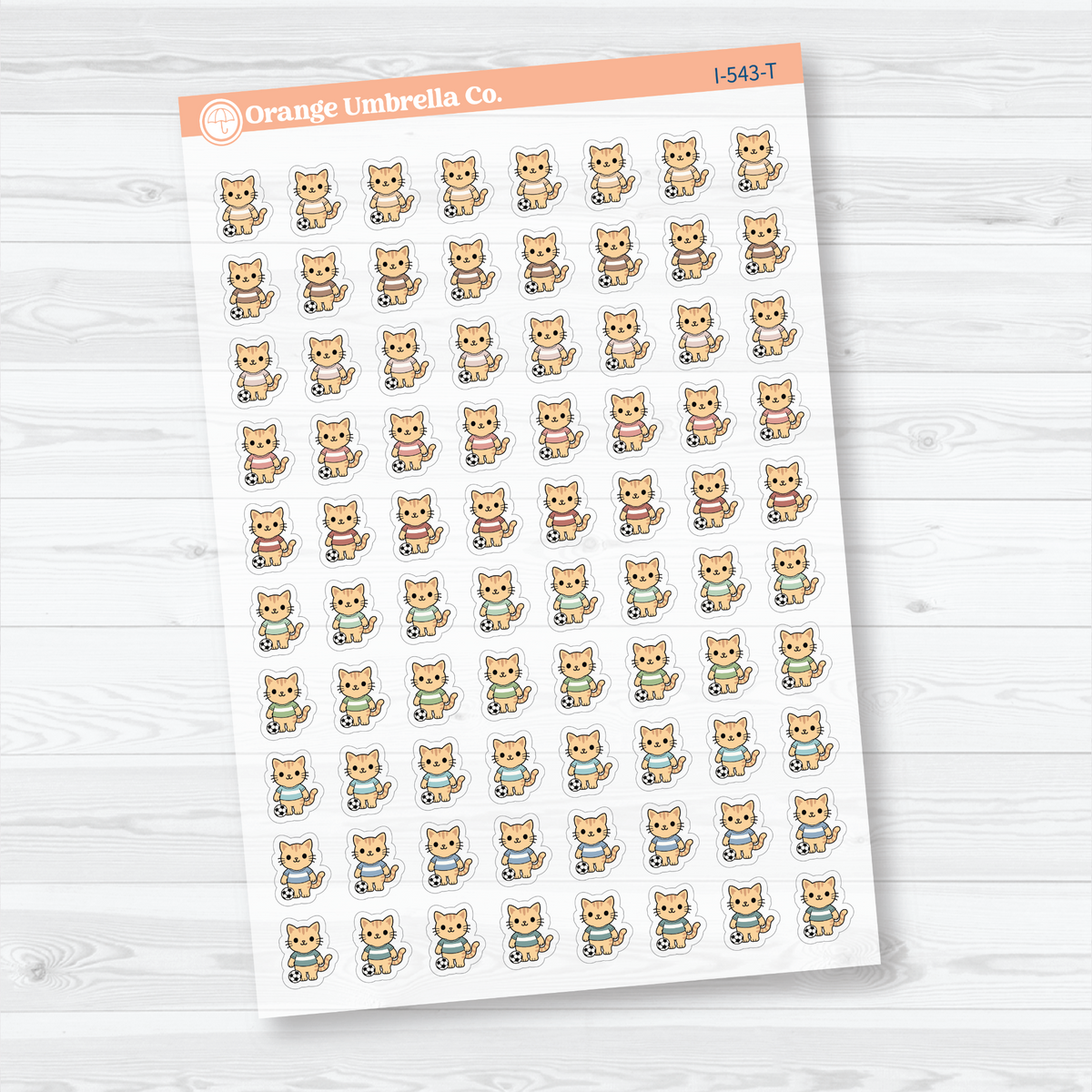 Tranquility mini soccer Spazz clear matte stickers showing an orange cat beside a soccer ball for marking practices and games.