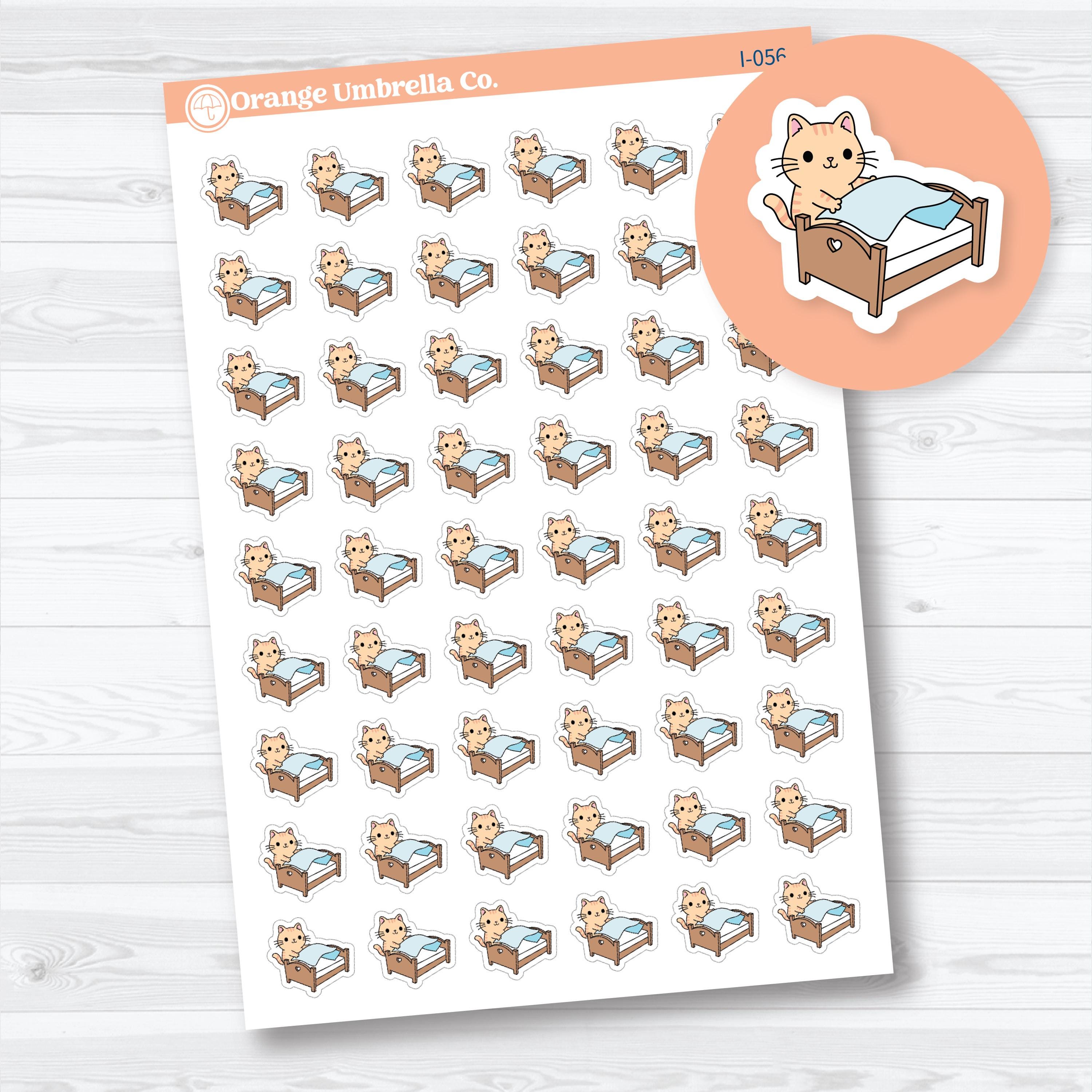 Mini Spazz make bed planner icon stickers featuring an adorable orange cat making a bed for tracking bedding chores, laundry routines, and household cleaning on removable white matte sticker paper.