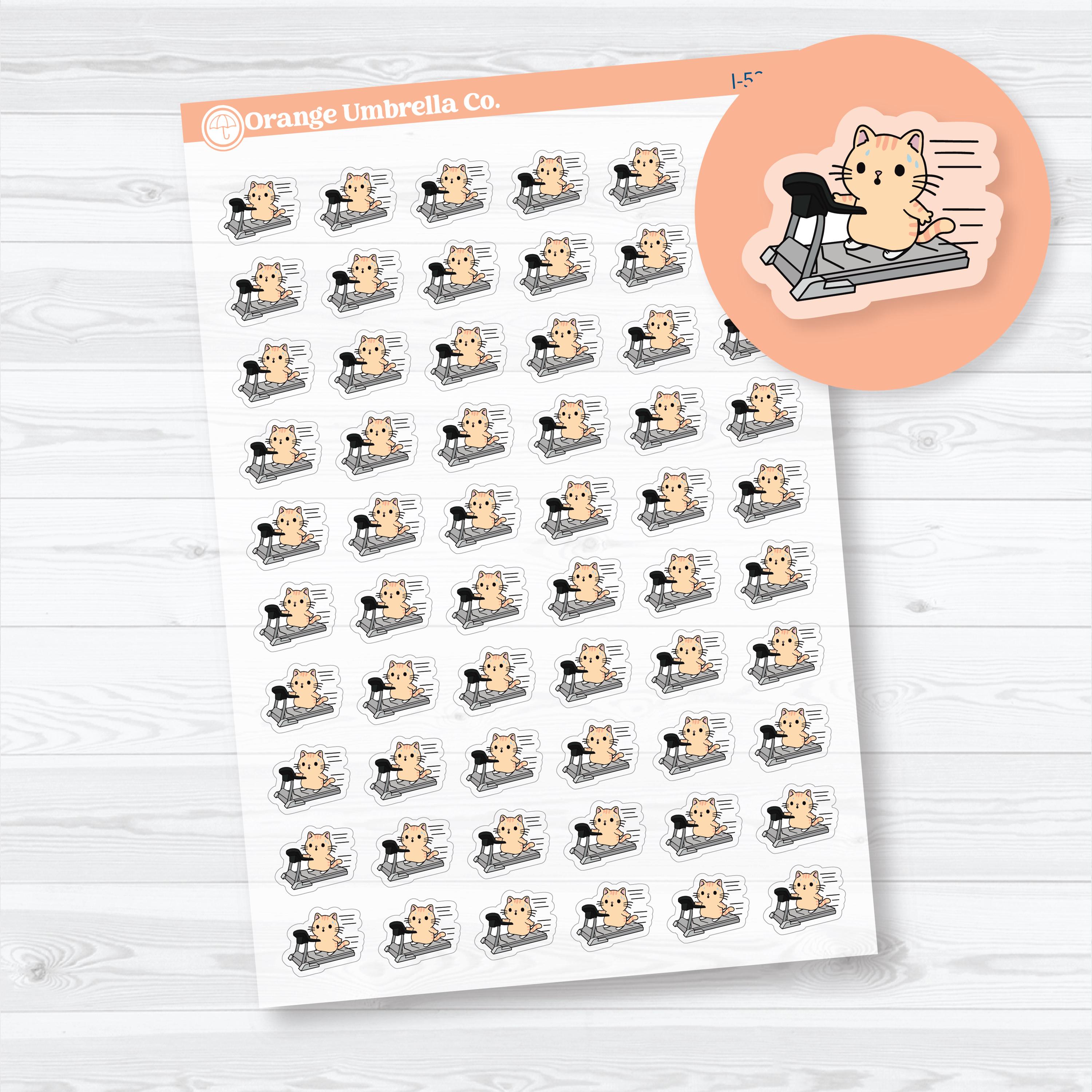 Clear matte mini treadmill Spazz planner stickers with cute workout cat icons for fitness planners, wellness journals, and functional planning spreads by Orange Umbrella Co