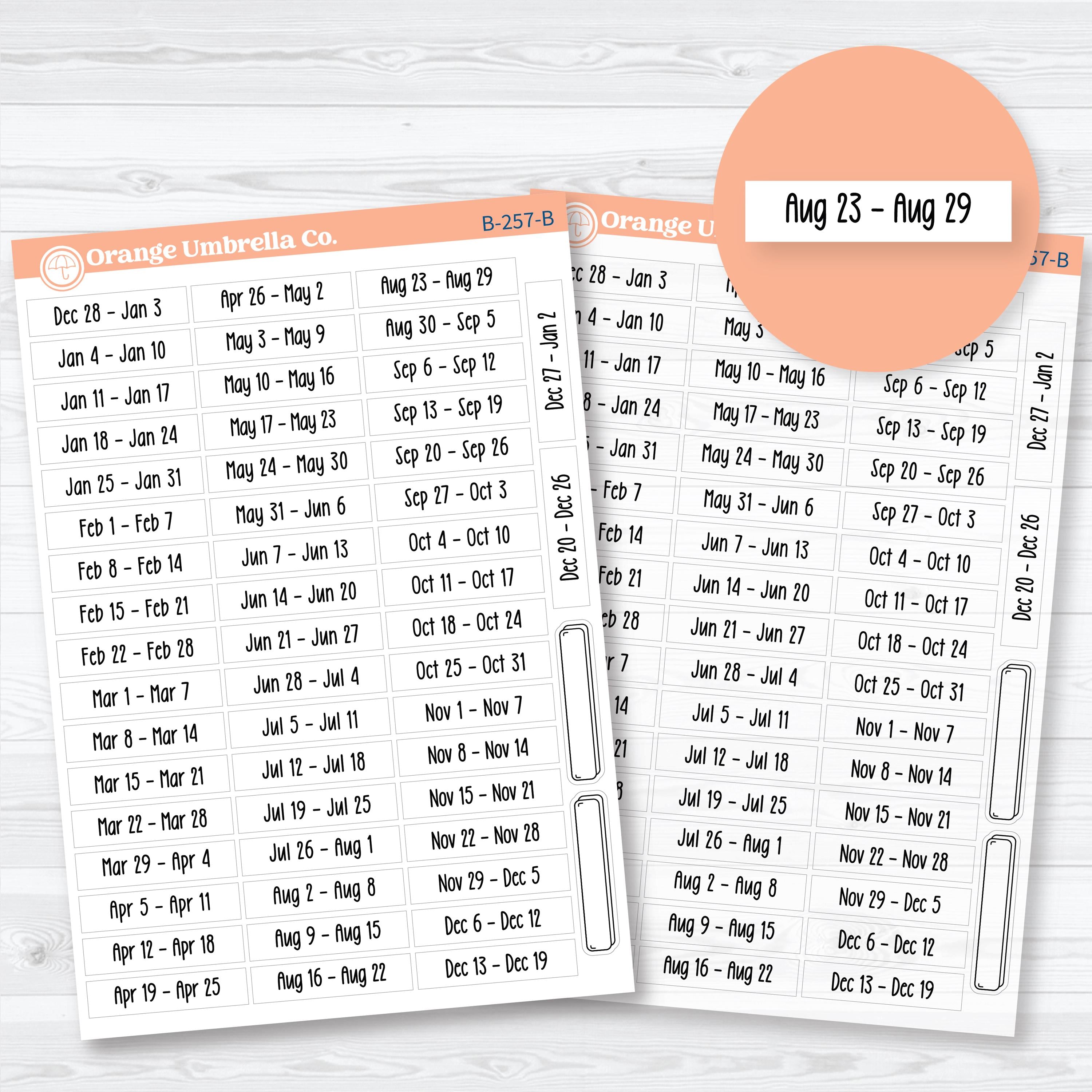 Monday Start Weeks of the Year 2027 planner stickers featuring weekly Monday-Sunday date range labels for planners, calendars, and bullet journals.