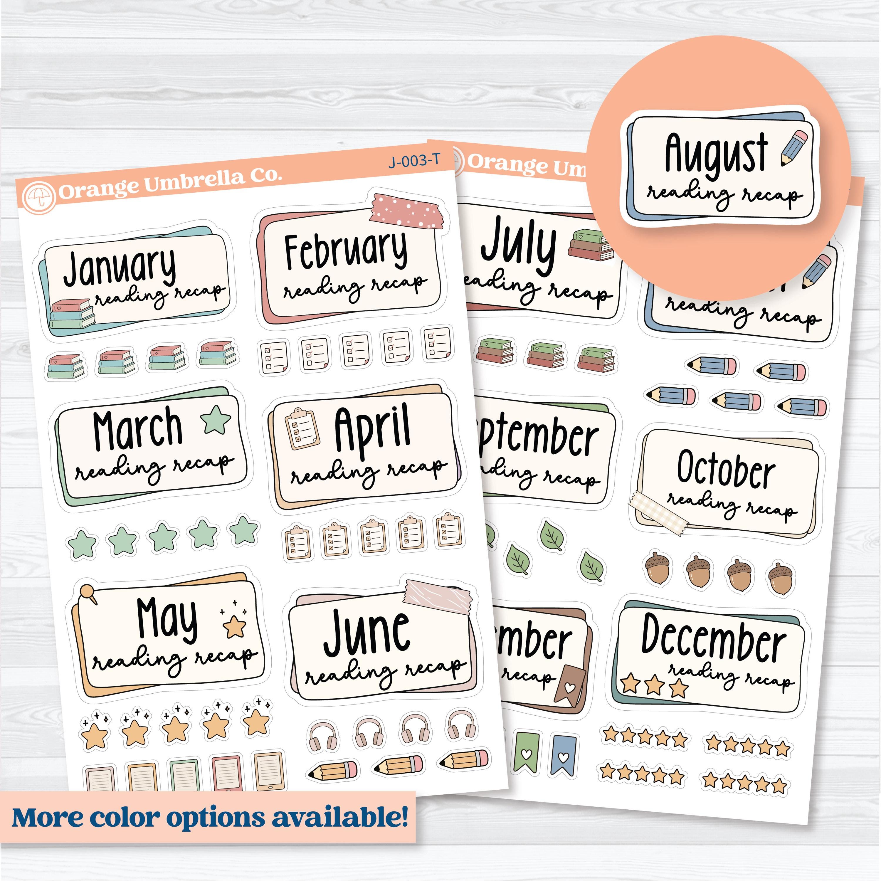 Monthly reading recap planner stickers for reading journals with layered labels, rating icons, and cozy pastel book tracking designs by Orange Umbrella Co