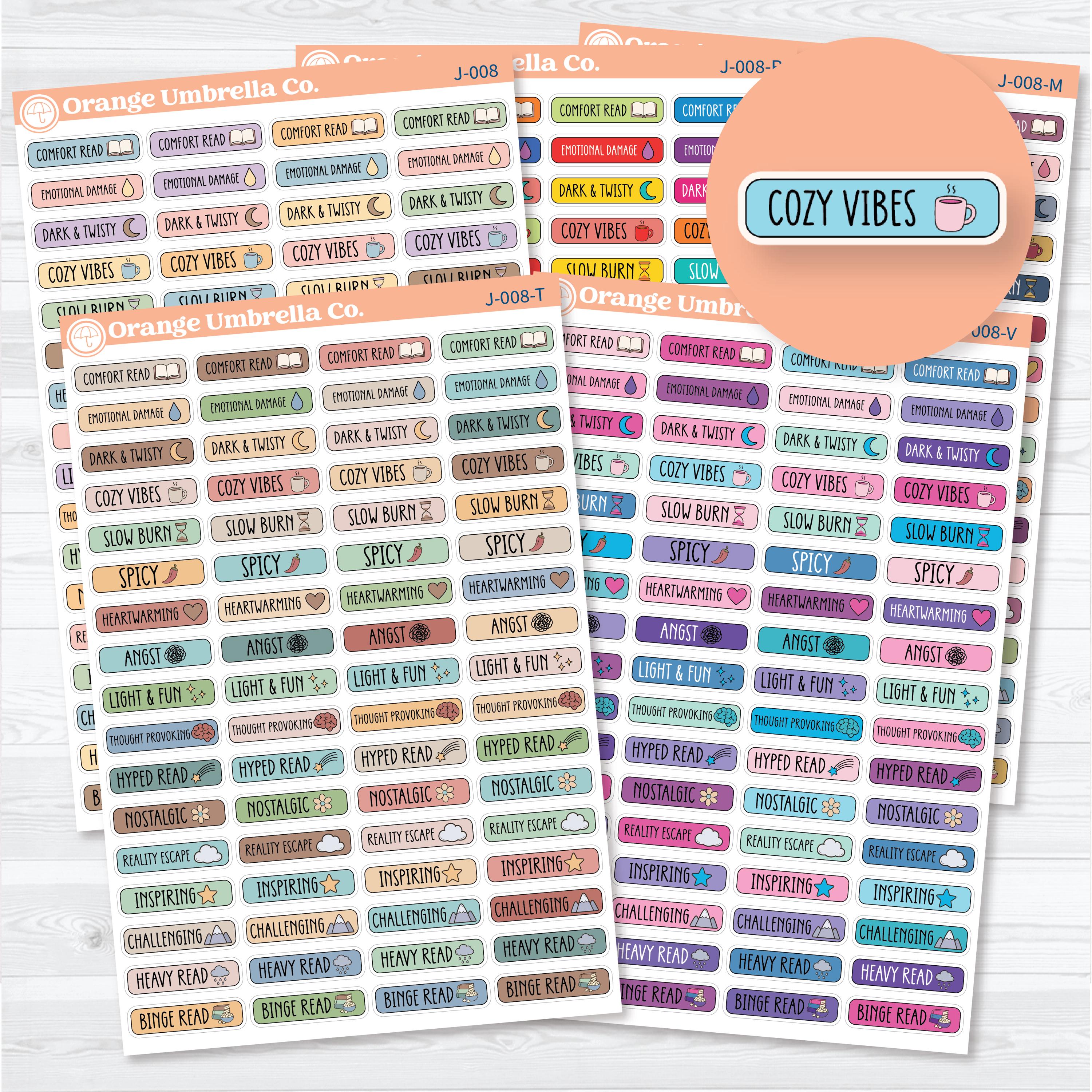 Mood read planner stickers for reading journals with colorful reading labels and minimalist mood tracking icons by Orange Umbrella Co