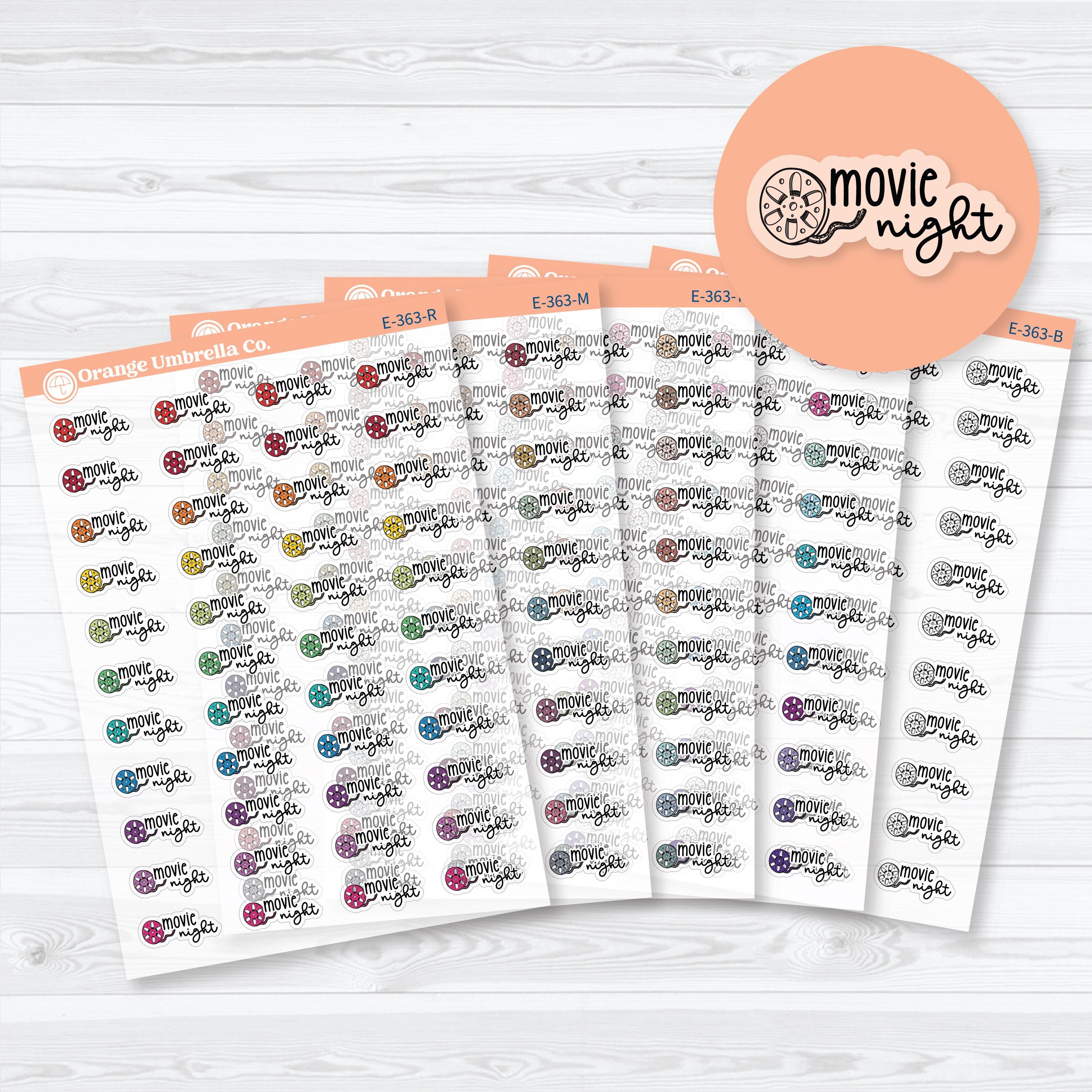 Clear matte Movie Night planner labels with film reel icons for planning movie nights, date nights, family movie nights, and entertainment events.