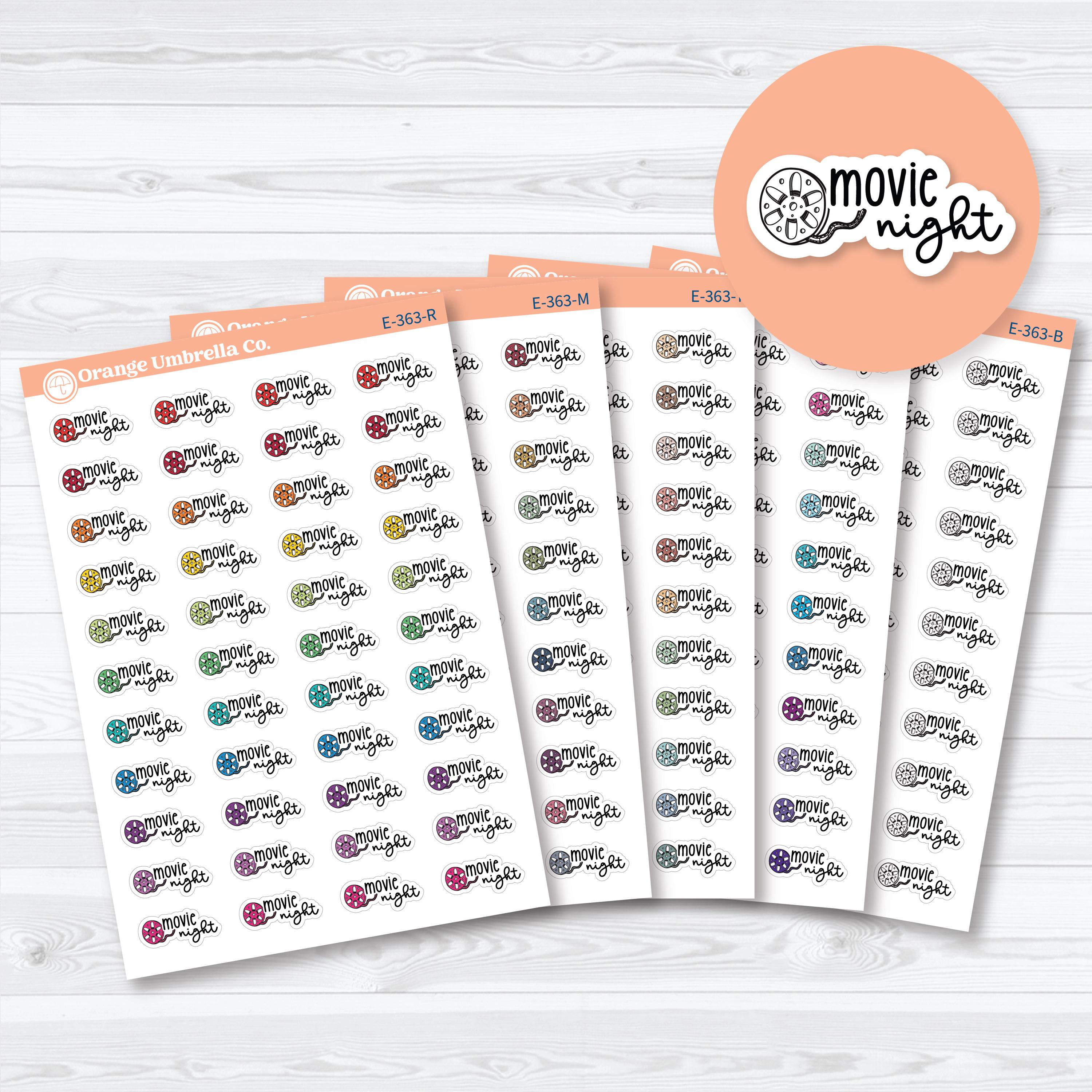 Hand-doodled Movie Night planner labels with film reel icons for planning movie nights, date nights, family movie nights, and entertainment events.