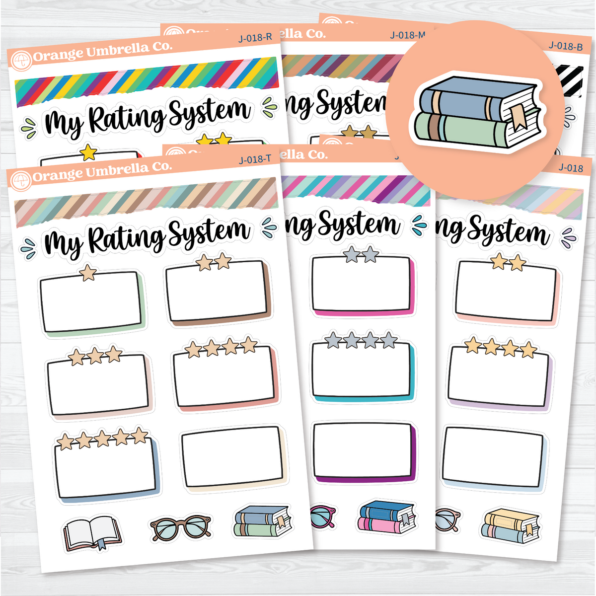 Six My Rating System reading journal sticker sheets with star-labelled writing boxes, script headings, striped washi, and reading accents.