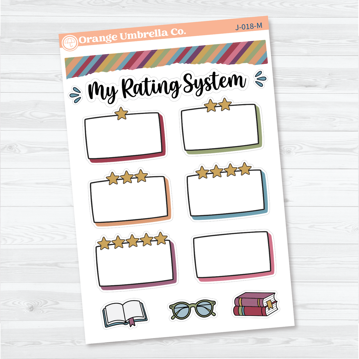 Muted rainbow My Rating System white matte stickers with star-labelled writing boxes, striped washi, and reading accents.