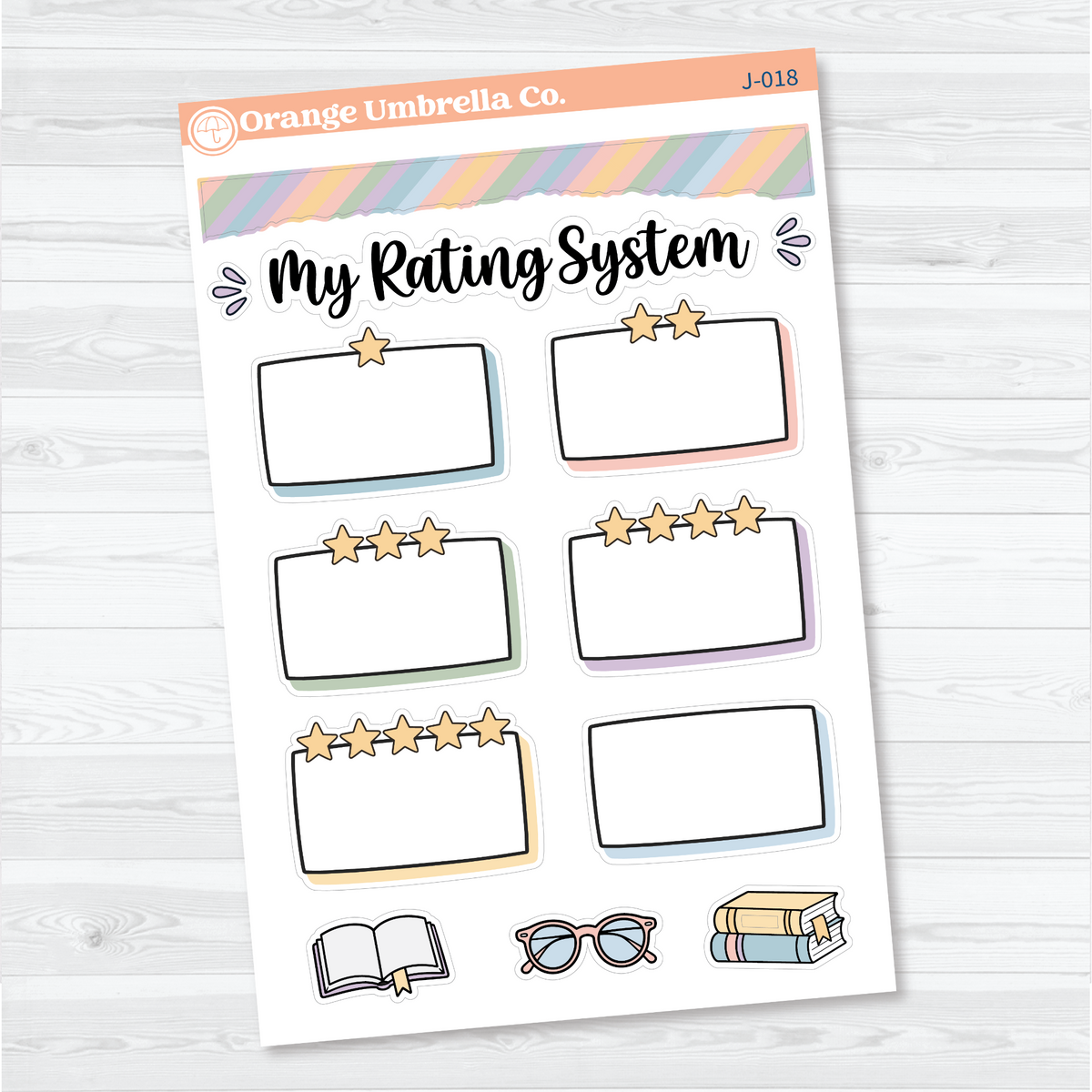 Pastel My Rating System white matte stickers with star-labelled writing boxes, striped washi, and reading accents.