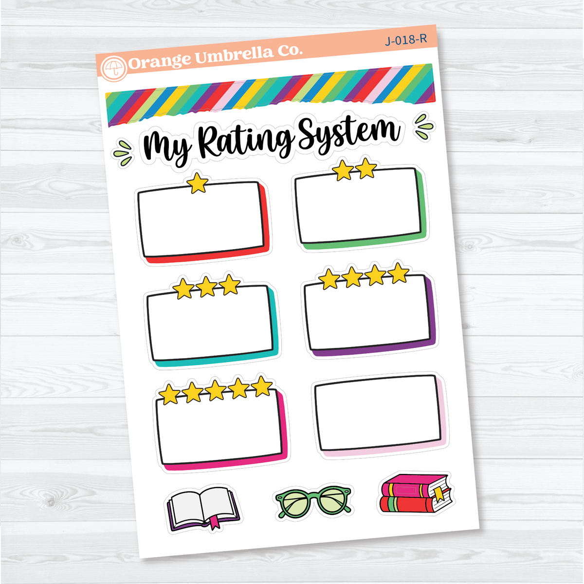Rainbow My Rating System white matte stickers with star-labelled writing boxes, striped washi, and reading accents.