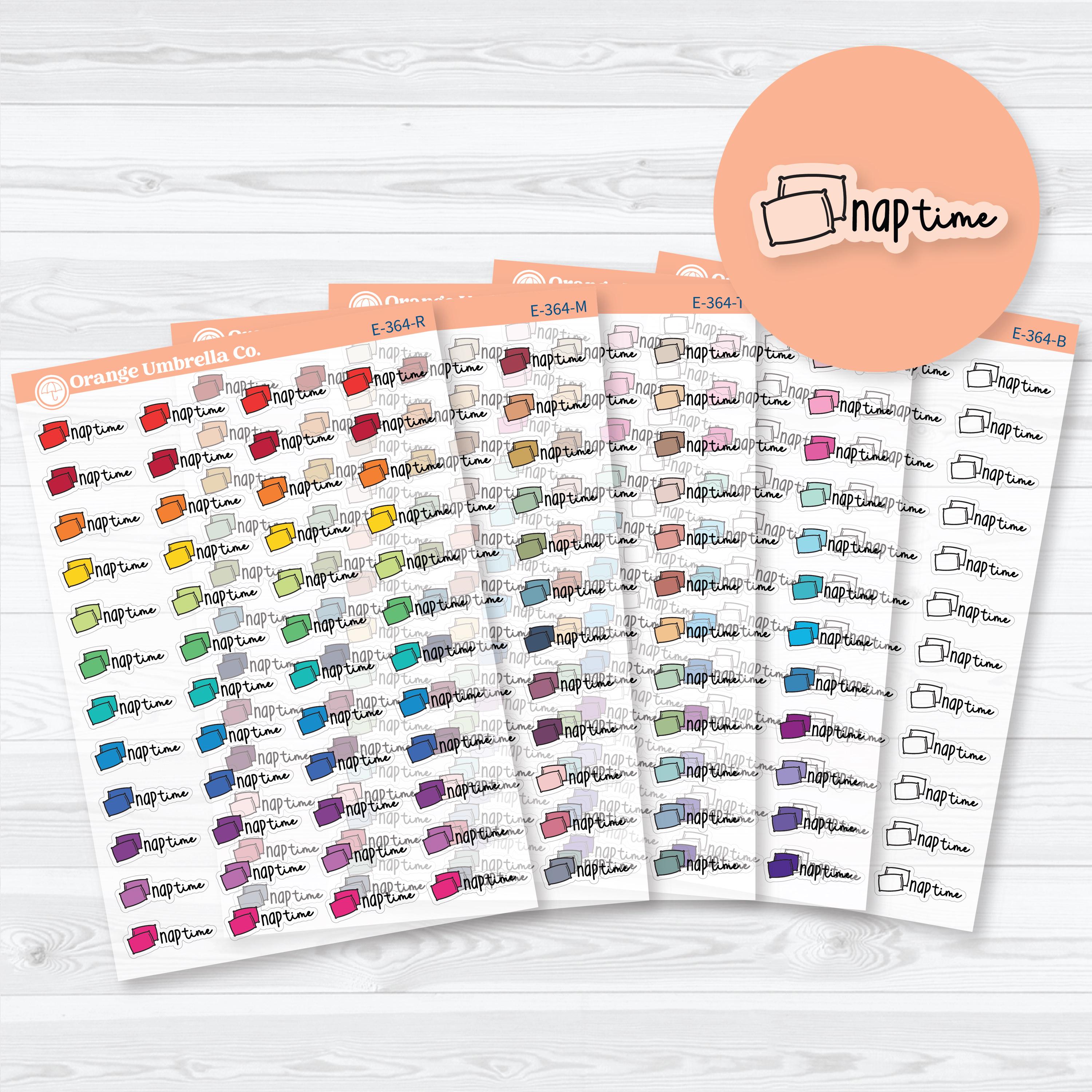 Clear matte Nap Time planner labels with pillow icons for tracking naps, quiet time, self-care, and daily schedules in planners and calendars.