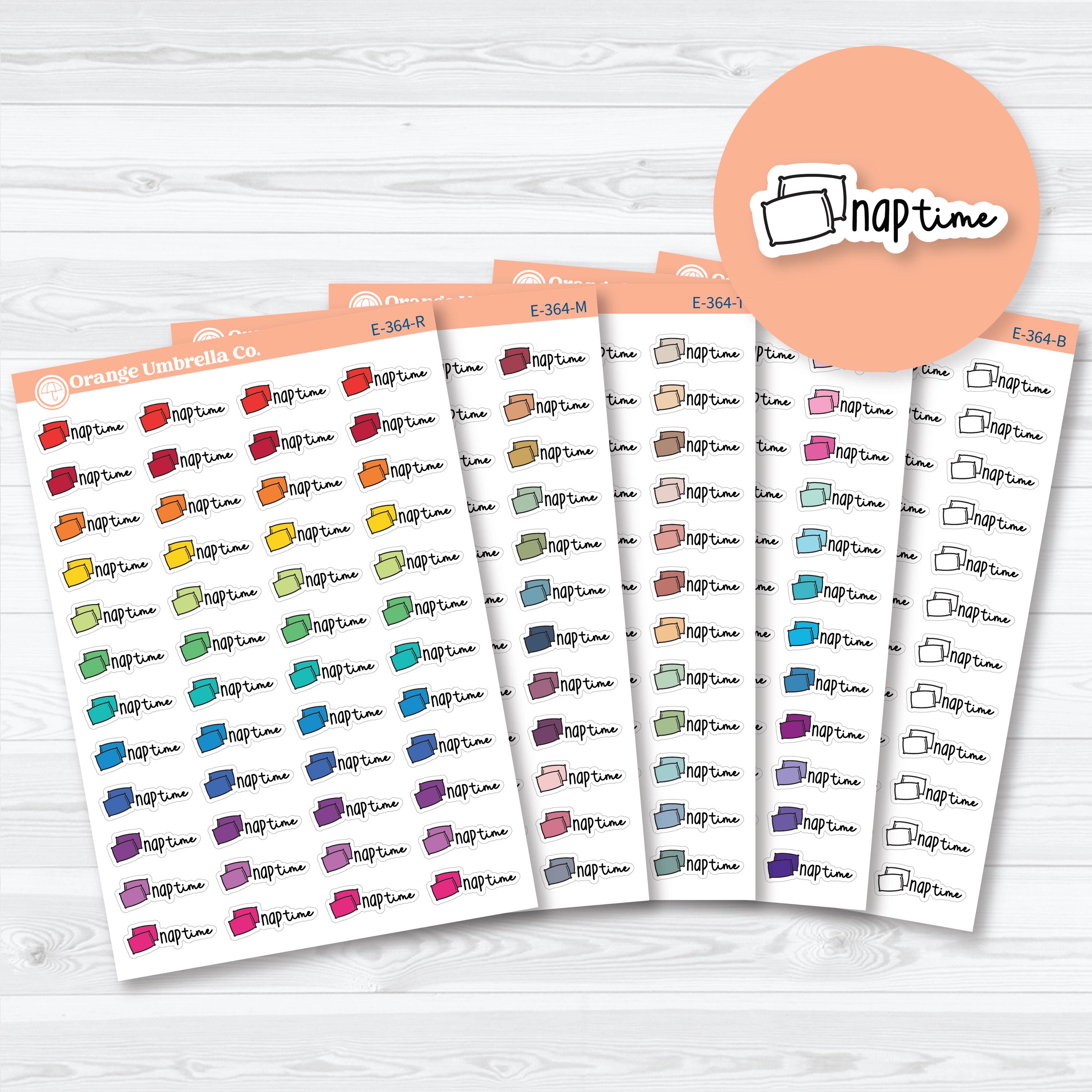 Hand-doodled Nap Time planner labels with pillow icons for tracking naps, quiet time, self-care, and daily schedules in planners and calendars.