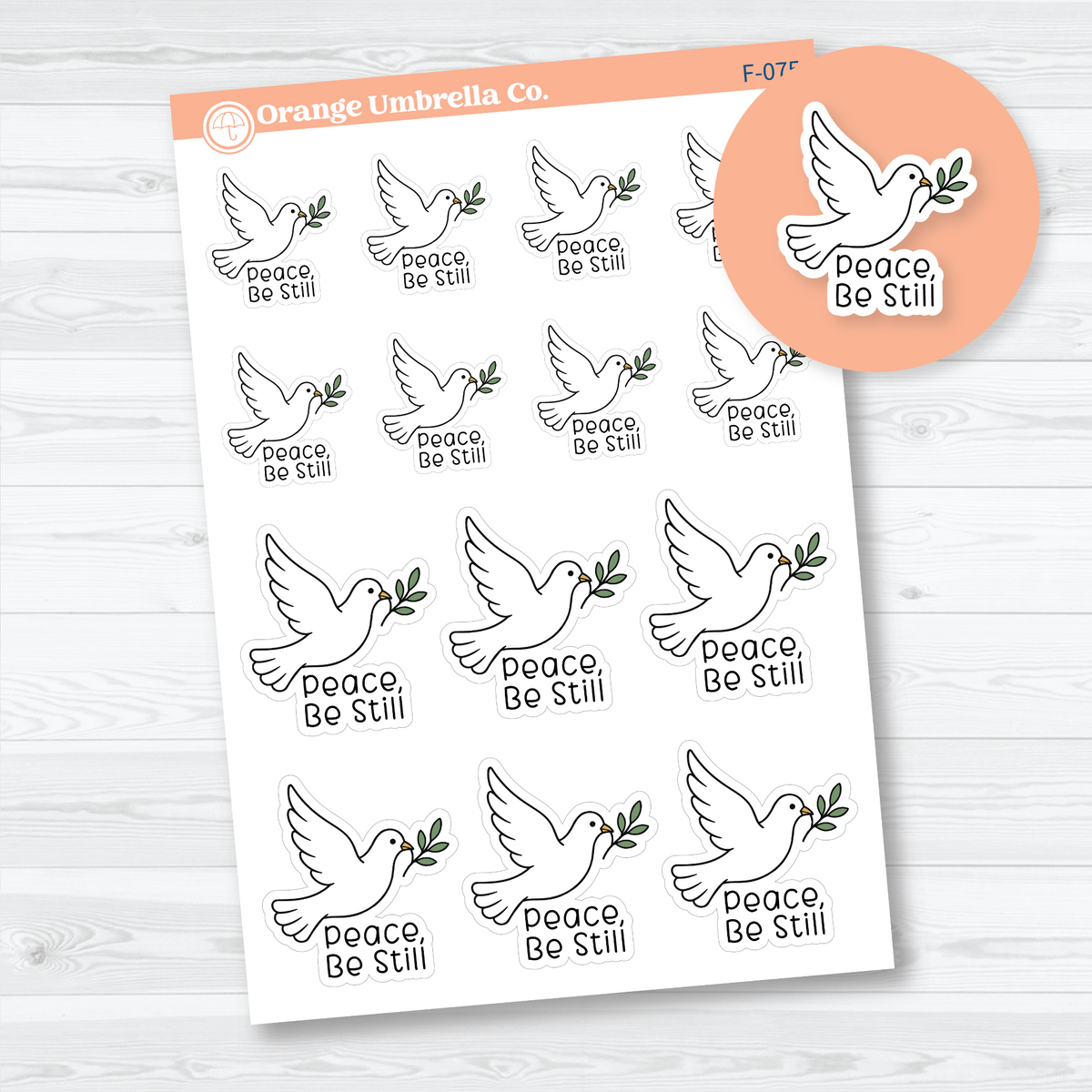 Peace Be Still dove and olive branch faith planner stickers on removable white matte paper.
