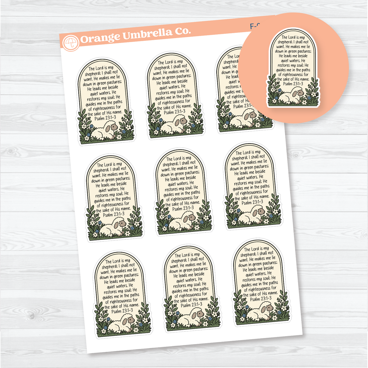 Nine arched Psalm 23:1–3 scripture stickers with a resting sheep, flowers, and greenery on white matte paper.