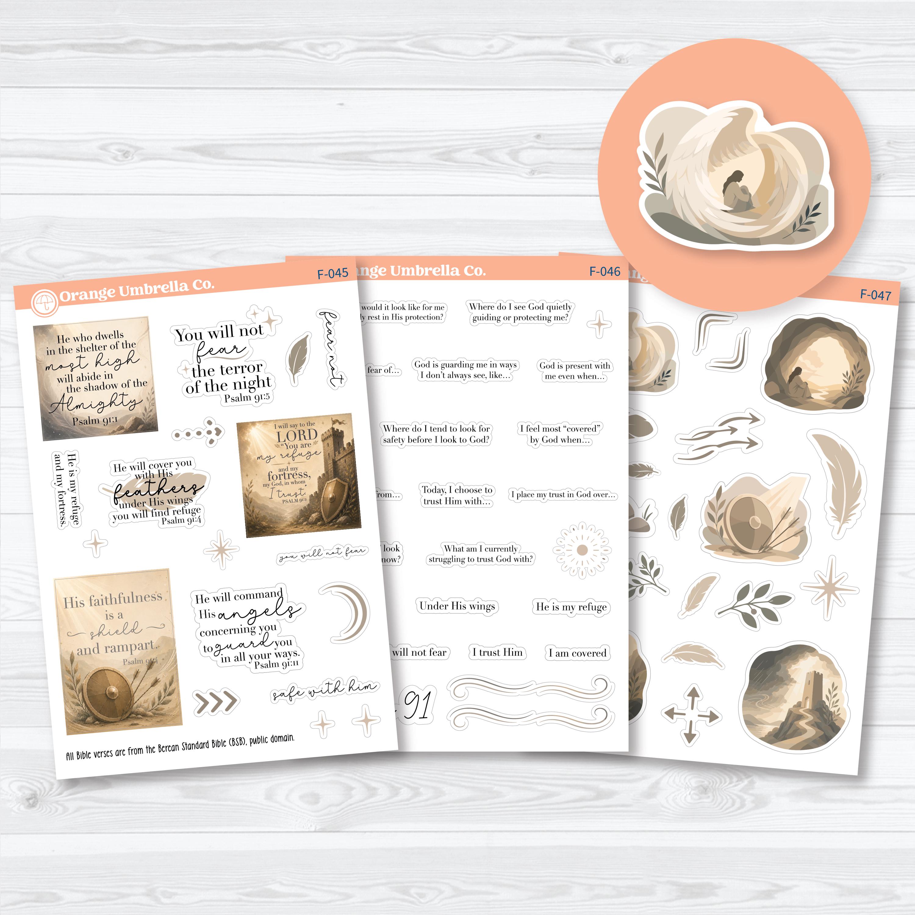 Psalm 91 Bible journaling planner stickers with Scripture quotes, devotional prompts, and peaceful faith journaling artwork by Orange Umbrella Co