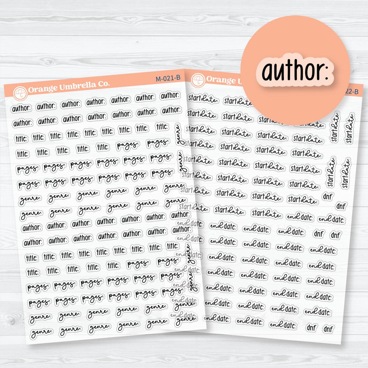 Two clear matte Reading Journal Scripts sheets with black author, title, pages, genre, start date, end date, and DNF word stickers for book logs.
