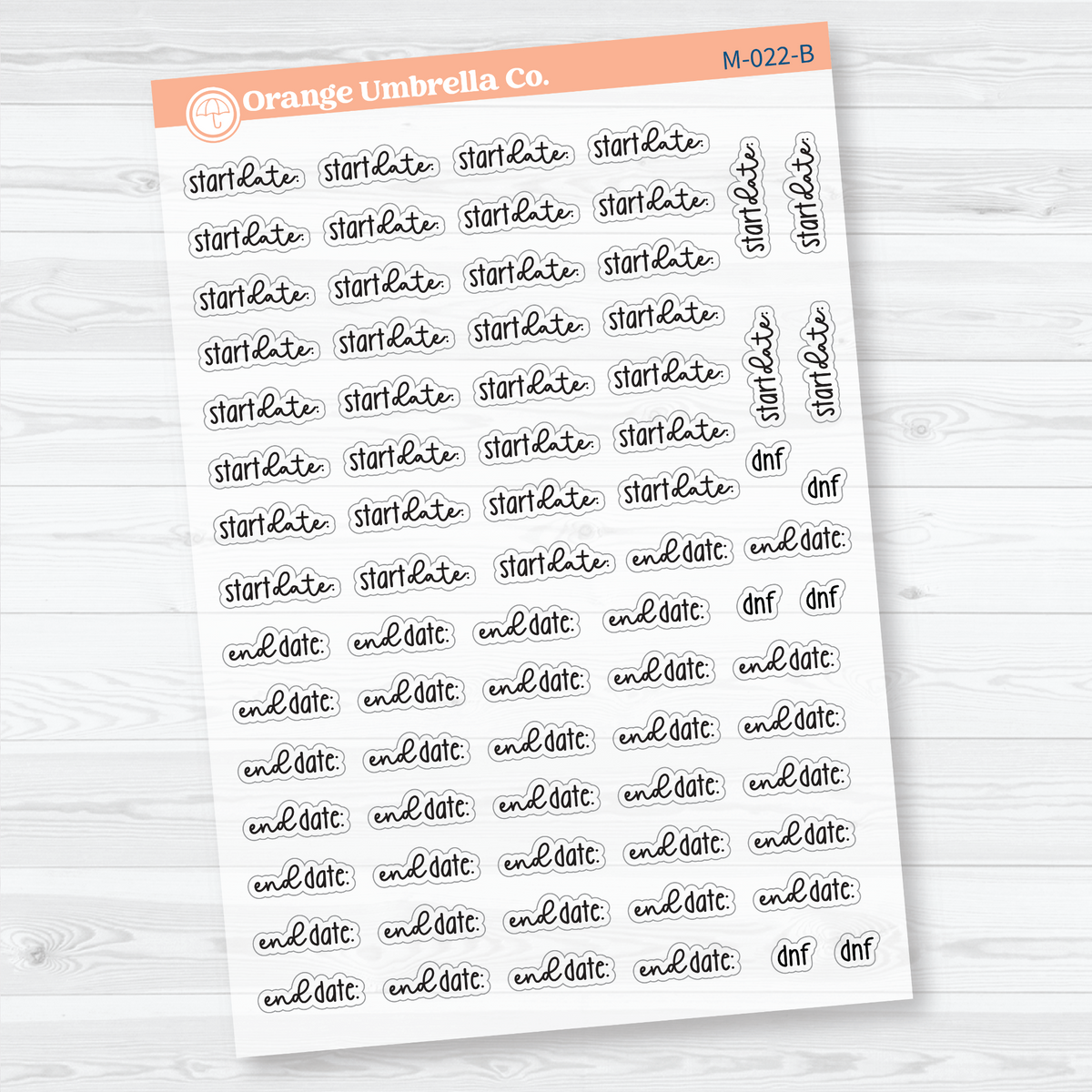Clear matte Reading Journal Scripts Sheet 2 with 76 black start date, end date, and DNF labels for tracking reading progress in a planner or book journal.