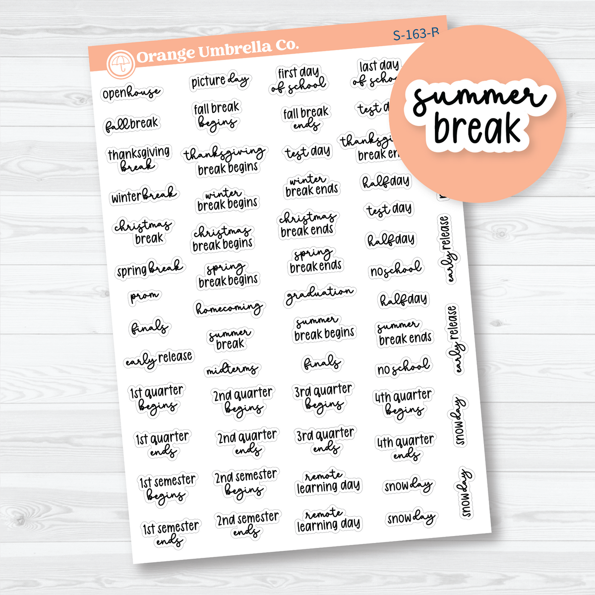 Mini black handwritten-style school holiday and break script stickers, including summer break, on white matte paper.