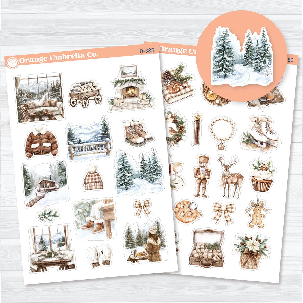 Two-sheet Snow Drift Christmas decorative sticker set with snowy forests, a fireplace, winter clothing, greenery, gingerbread, and holiday accents for planners and journals.