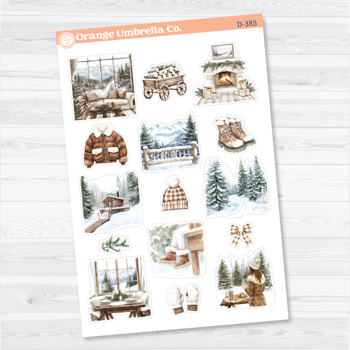 Two-sheet Snow Drift Christmas decorative sticker set with snowy forests, a fireplace, winter clothing, greenery, gingerbread, and holiday accents for planners and journals.