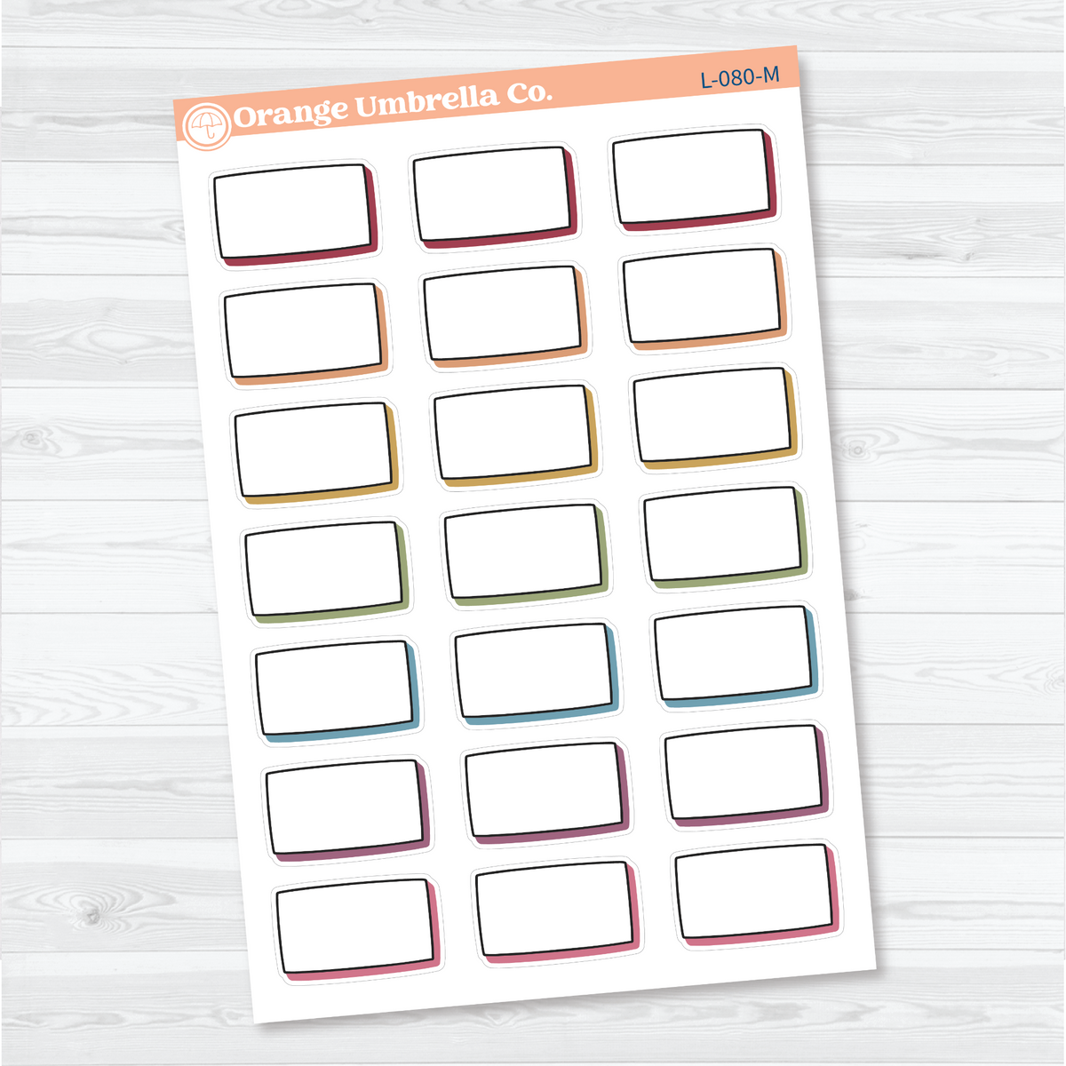 Muted Rainbow removable white matte blank rectangular labels with black doodled outlines and offset shadows for appointments, tasks, and planner notes.