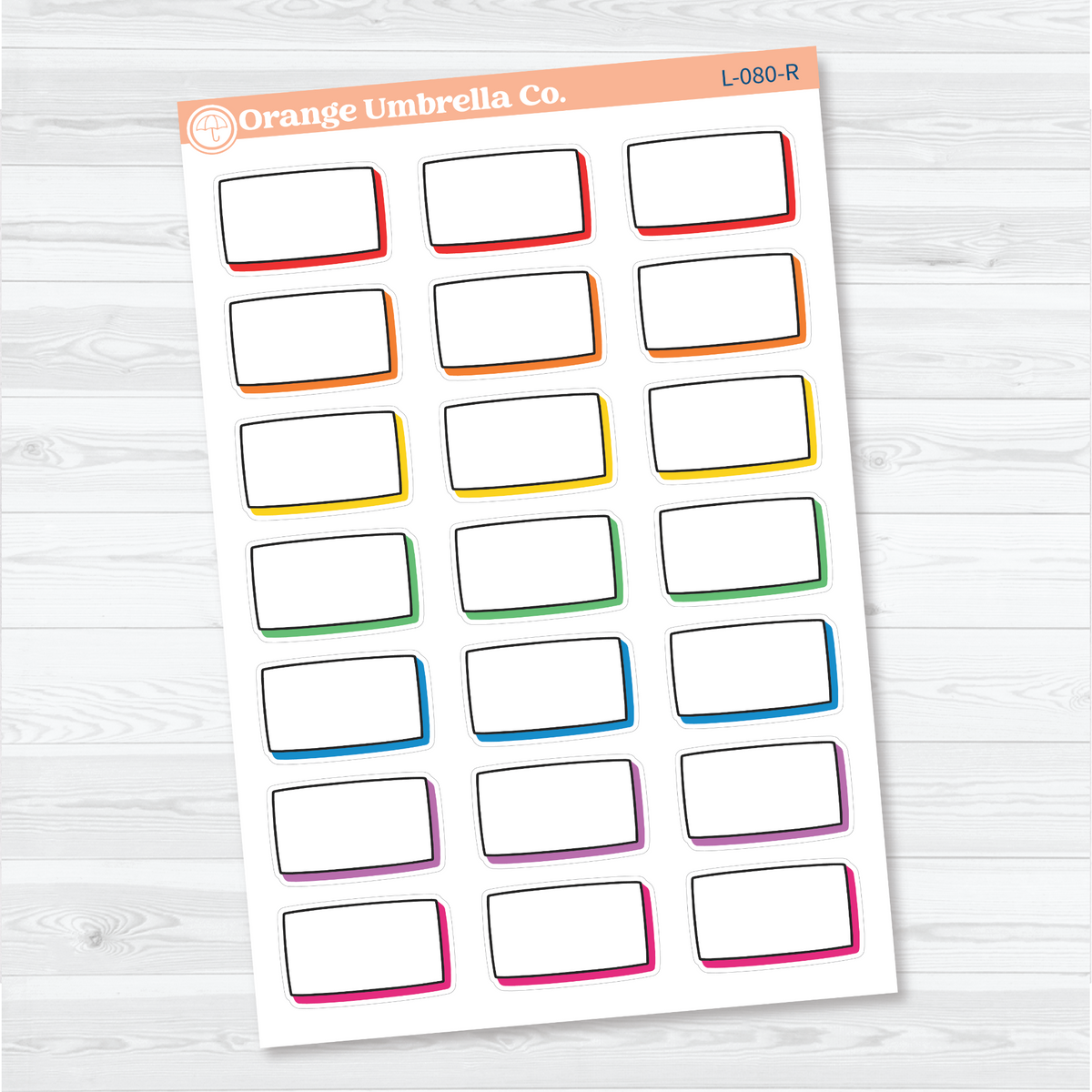 Rainbow removable white matte blank rectangular labels with black doodled outlines and offset shadows for appointments, tasks, and planner notes.