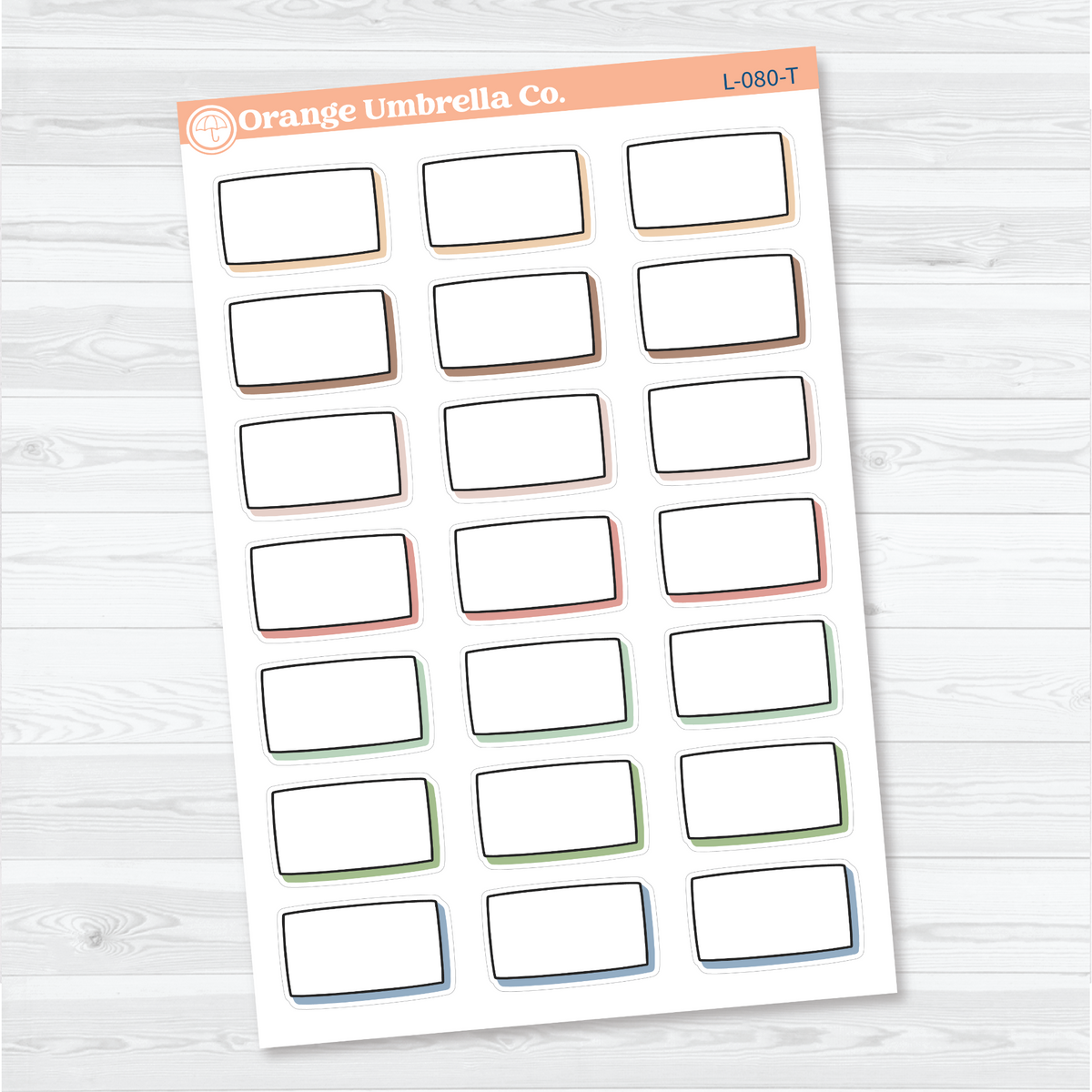 Tranquility removable white matte blank rectangular labels with black doodled outlines and offset shadows for appointments, tasks, and planner notes.