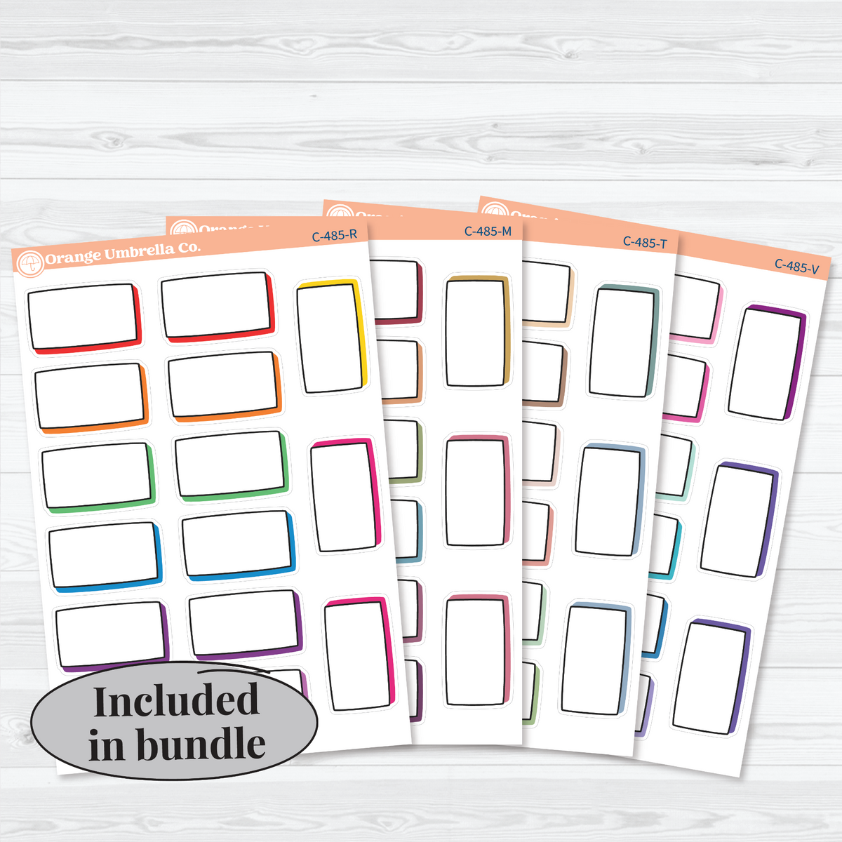 4 white matte Stacked Shadow Doodled Journaling Labels sticker sheets in the All Colors Bundle for planners and journals.