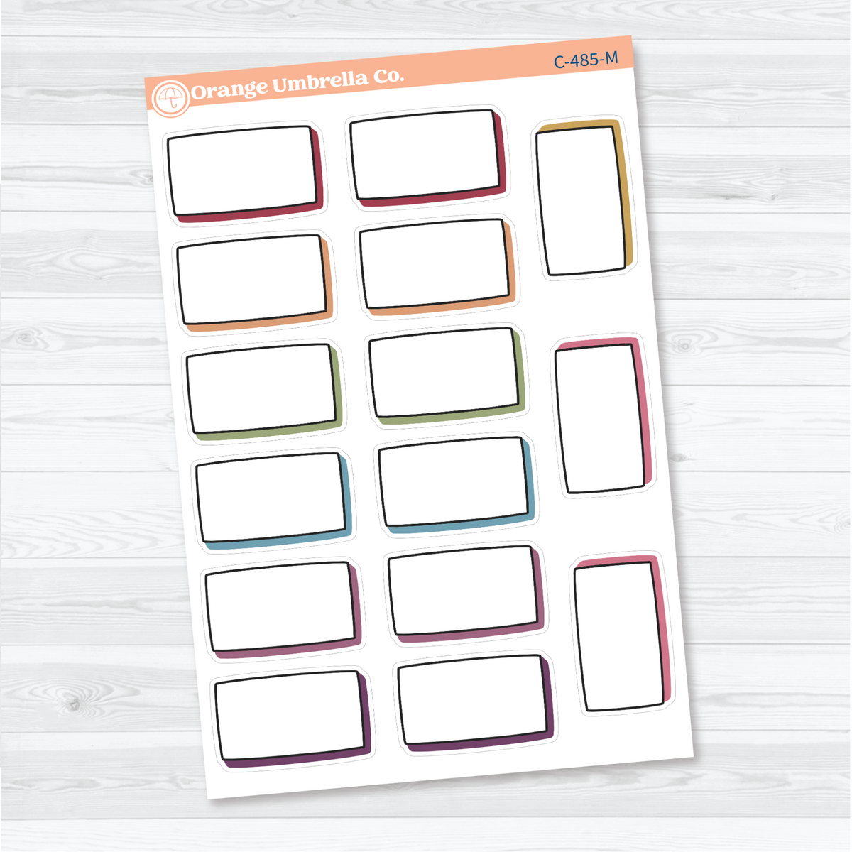 Muted Rainbow removable white matte journaling labels with blank horizontal and vertical boxes, black doodled outlines, and offset shadows for notes and memories.