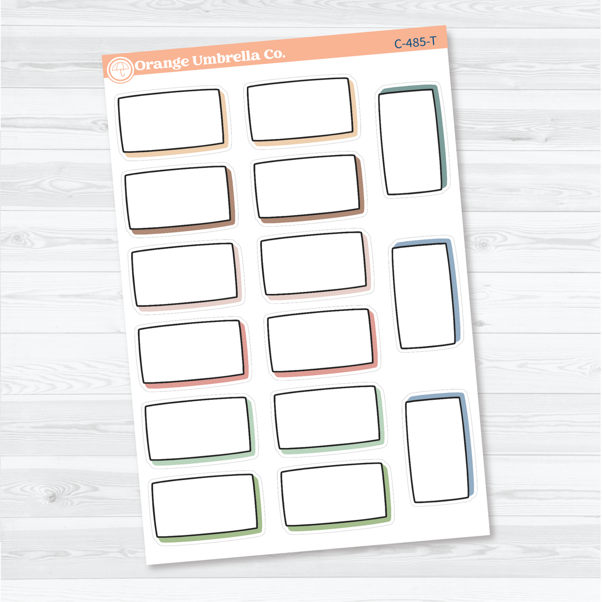 Tranquility removable white matte journaling labels with blank horizontal and vertical boxes, black doodled outlines, and offset shadows for notes and memories.