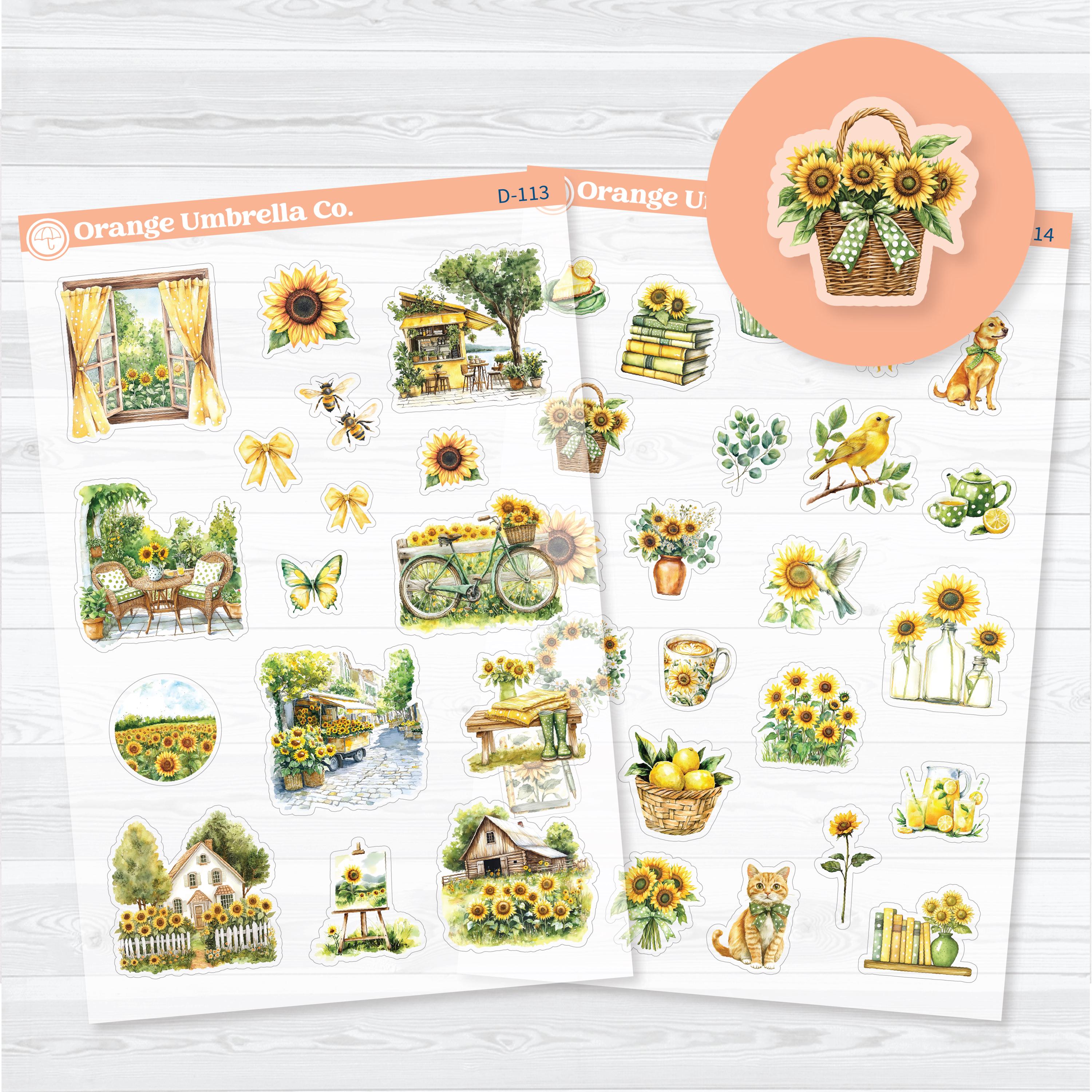 Sun Blooms clear matte sunflower decorative planner stickers featuring transparent watercolor sunflowers, garden scenes, books, cottages, birds, bicycles, and summer accents