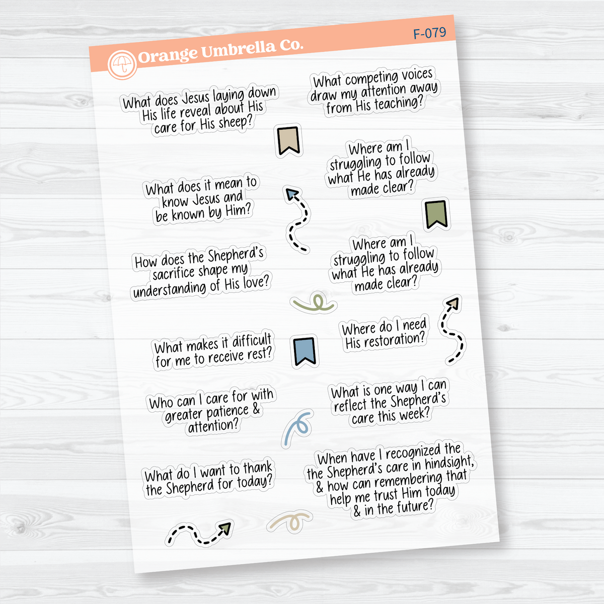 The Good Shepherd Bible study sticker sheets with verses, reflective prompts, sheep, shepherdâs crooks, flowers, and greenery on clear matte paper. Journal Prompts.