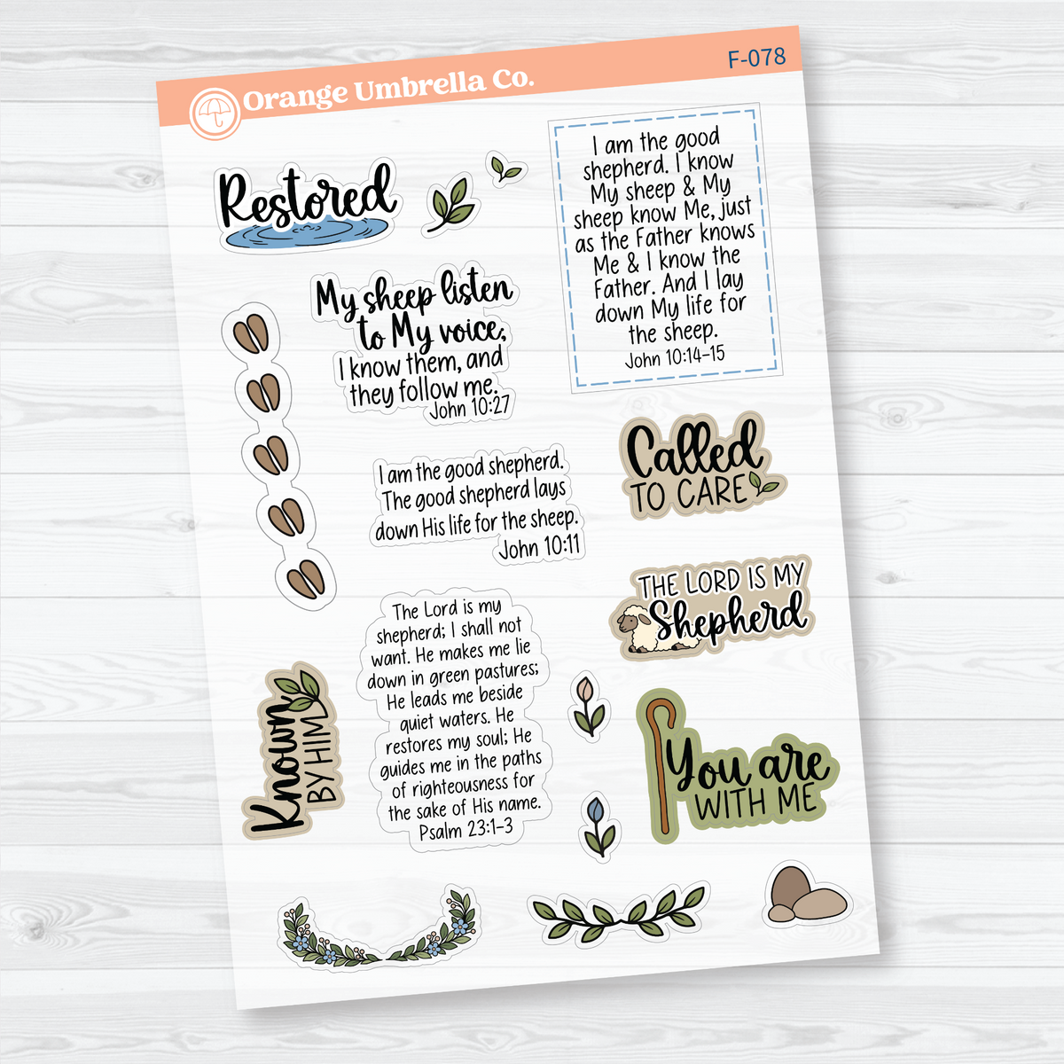 The Good Shepherd Bible study sticker sheets with verses, reflective prompts, sheep, shepherdâs crooks, flowers, and greenery on clear matte paper. Verses & Quotes.